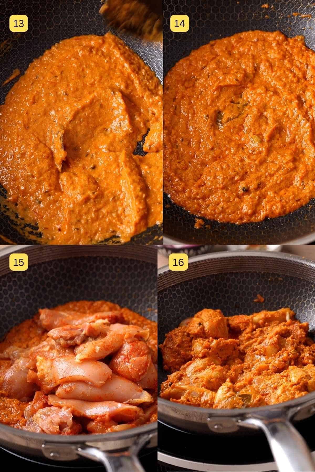 Steps pictures of making chicken do pyaza in a wok pan.