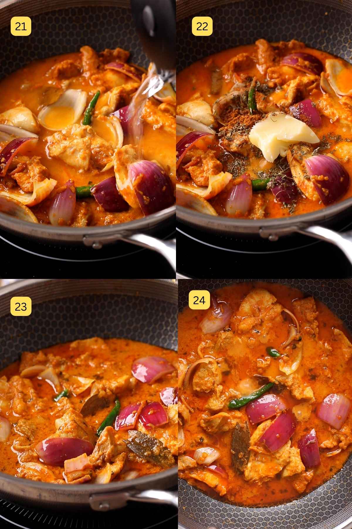 Finishing the do Pyaza sauce with dried herbs, ghee and spices.