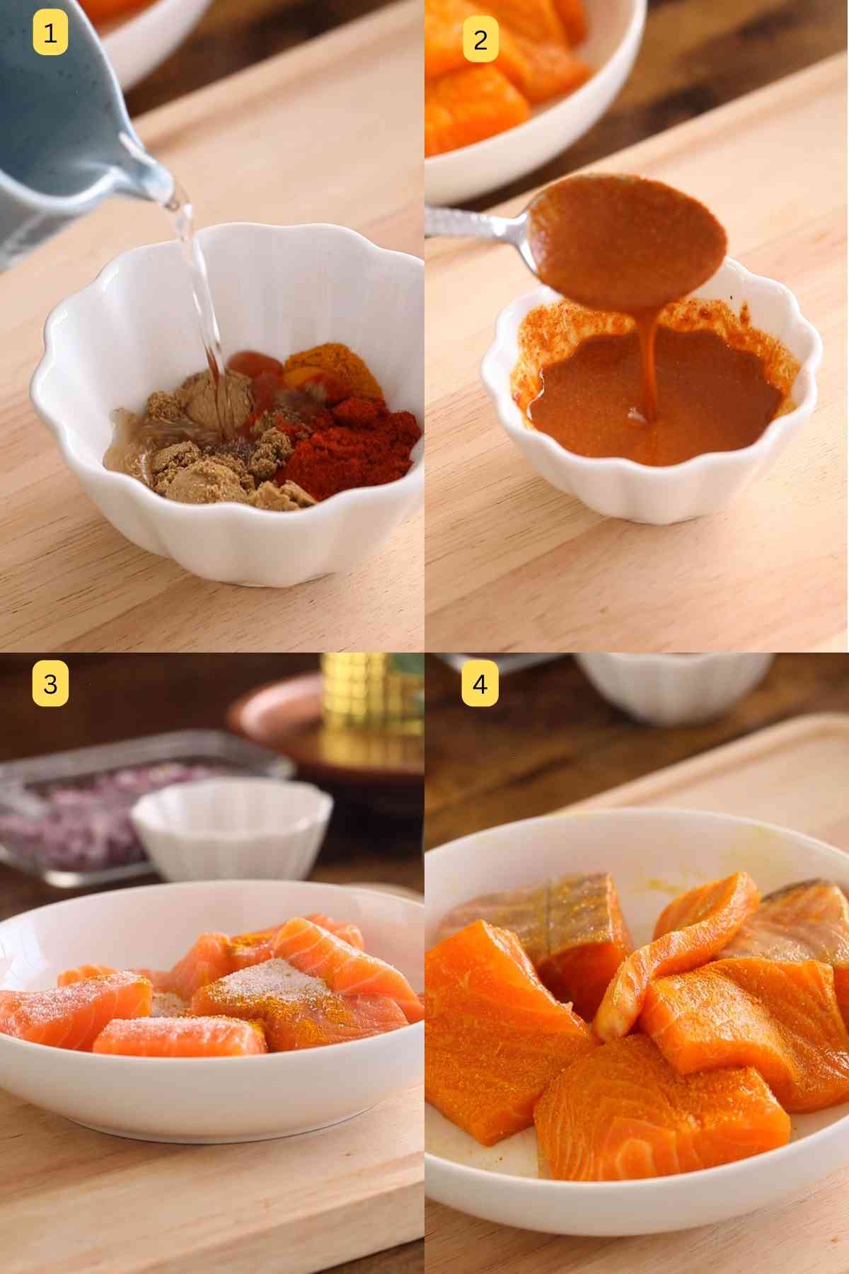 Step photos of preparing spice paste and marinating salmon fillets.