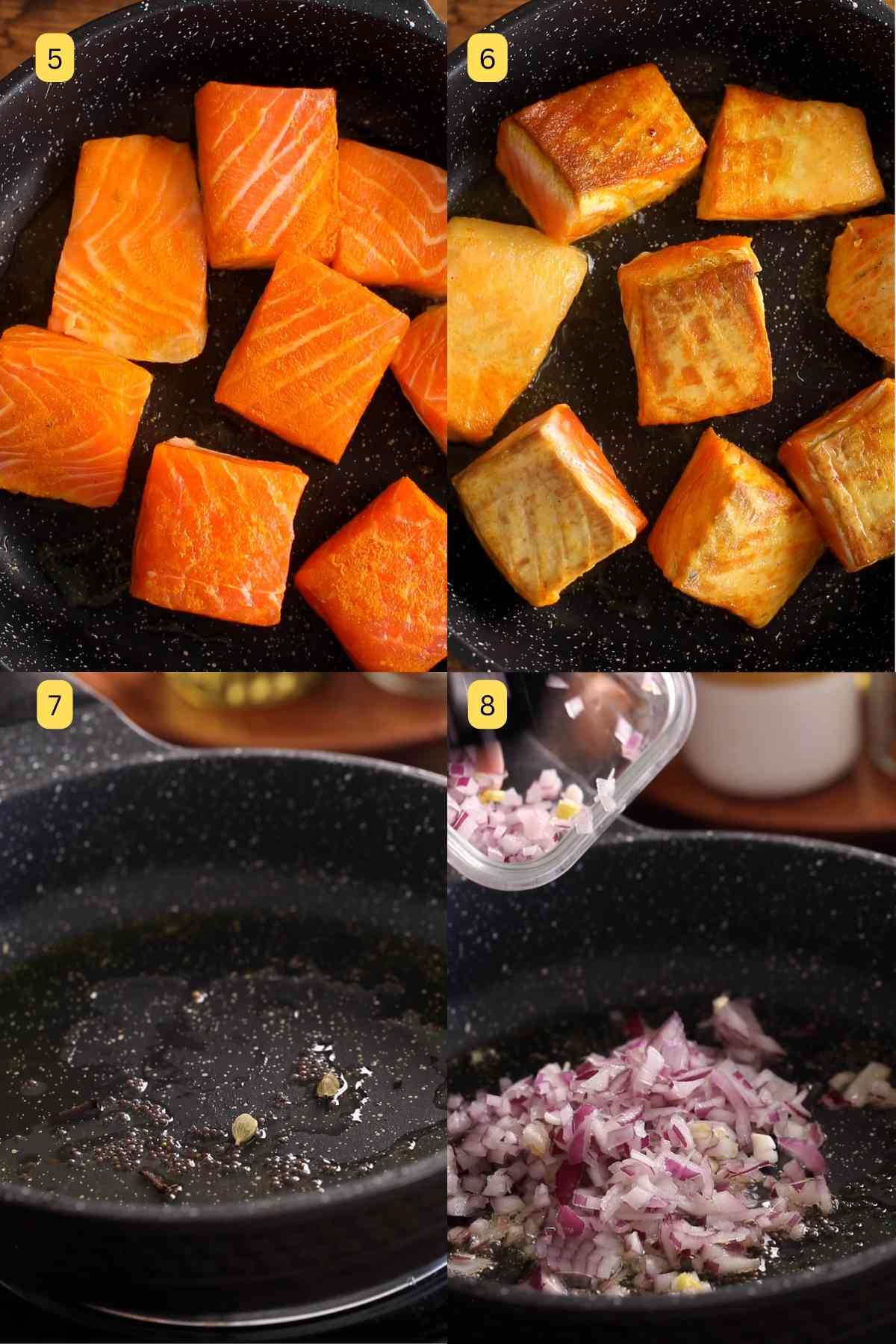 Step photos of searing salmon and making curry sauce.