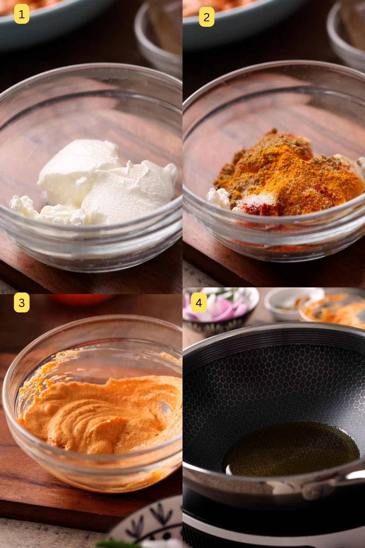 Step photos showing how to make chicken do pyaza.