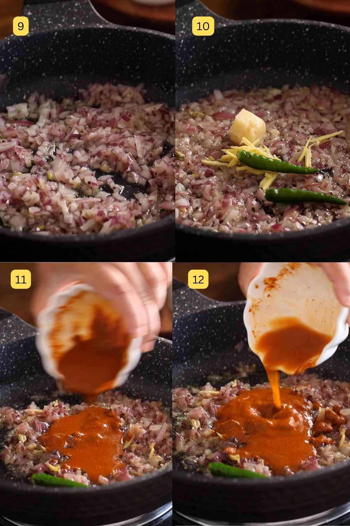 Step photos of browning the onions and spice paste. 