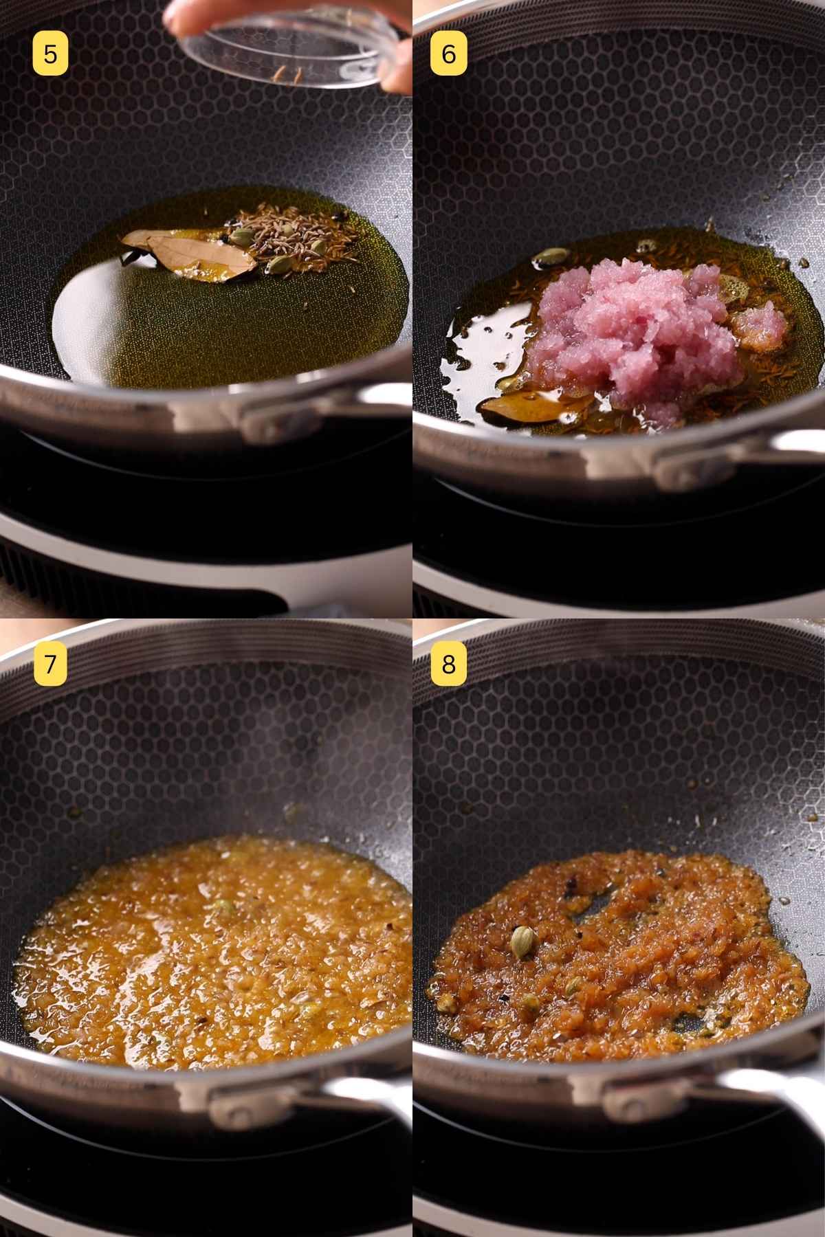 Step photos showing how to crackle whole spices and brown onion paste.