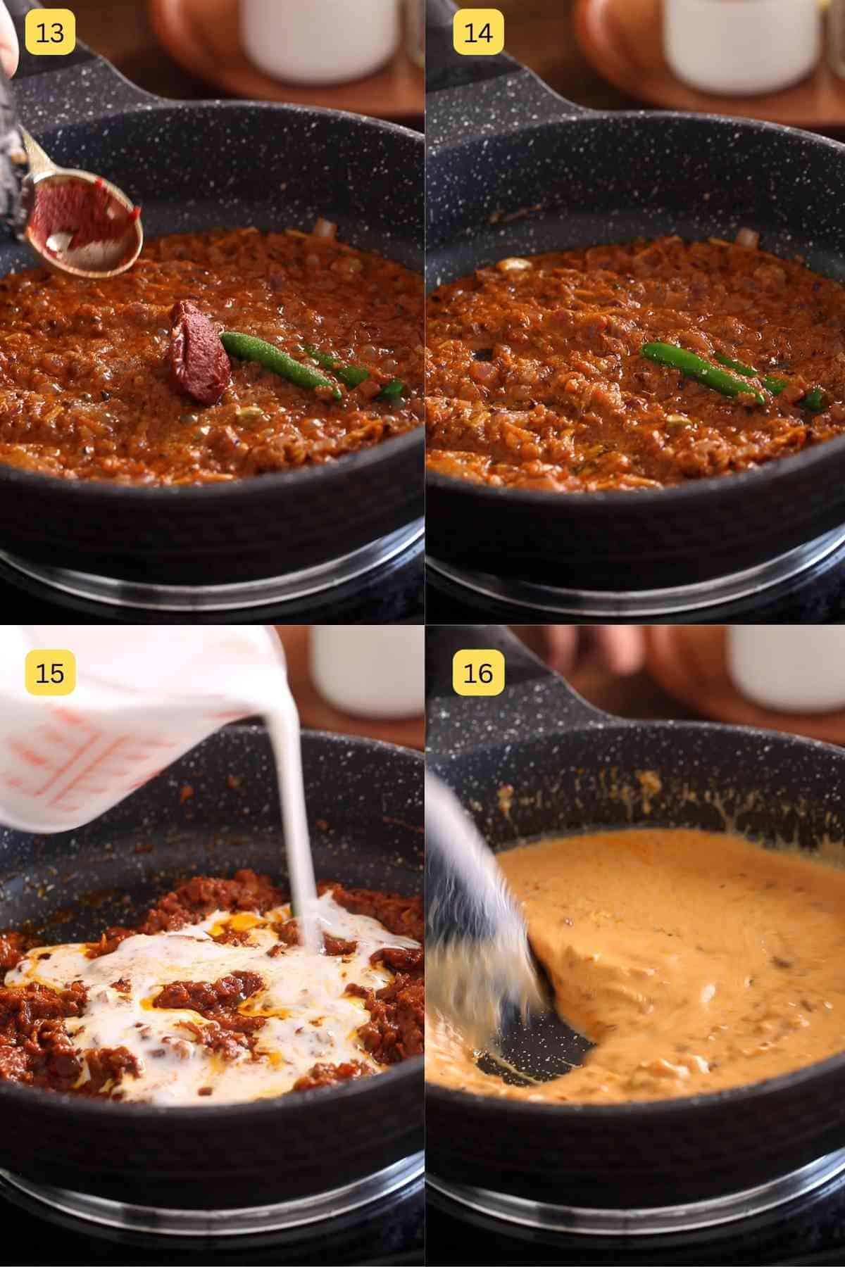 Step photos of making indian salmon curry with coconut milk and curry leaves.