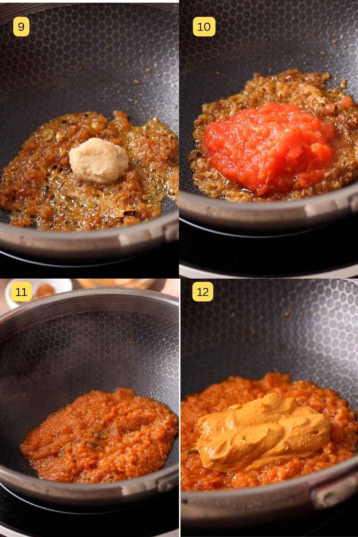 Adding ginger garlic paste and tomatoes to the do pyaza sauce.