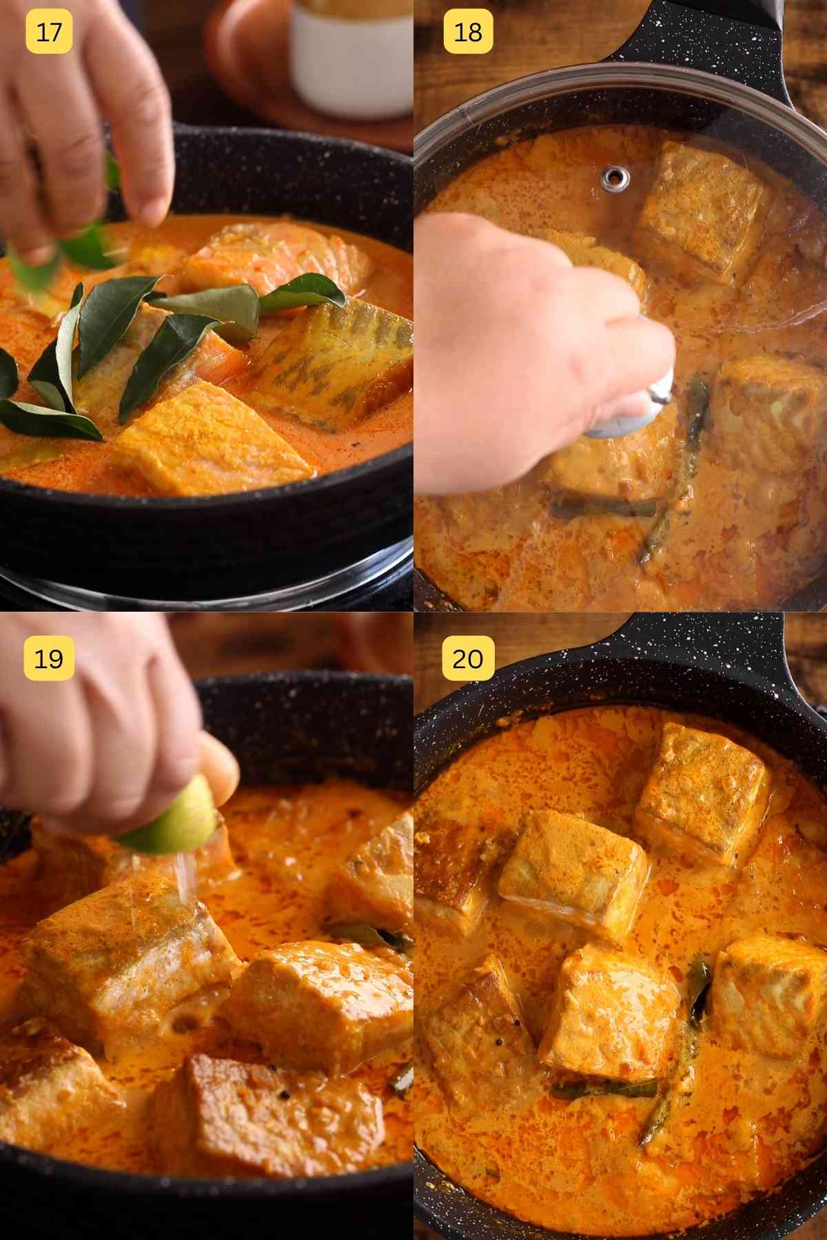 Step photos of adding curry leaves and simmering the coconut curry sauce.