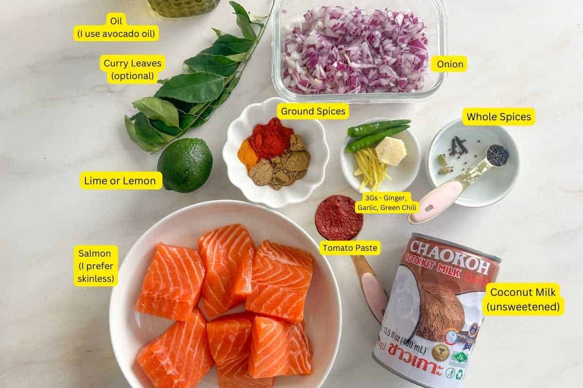 Ingredints needed to make indian salmon curry plated on a white marble background.