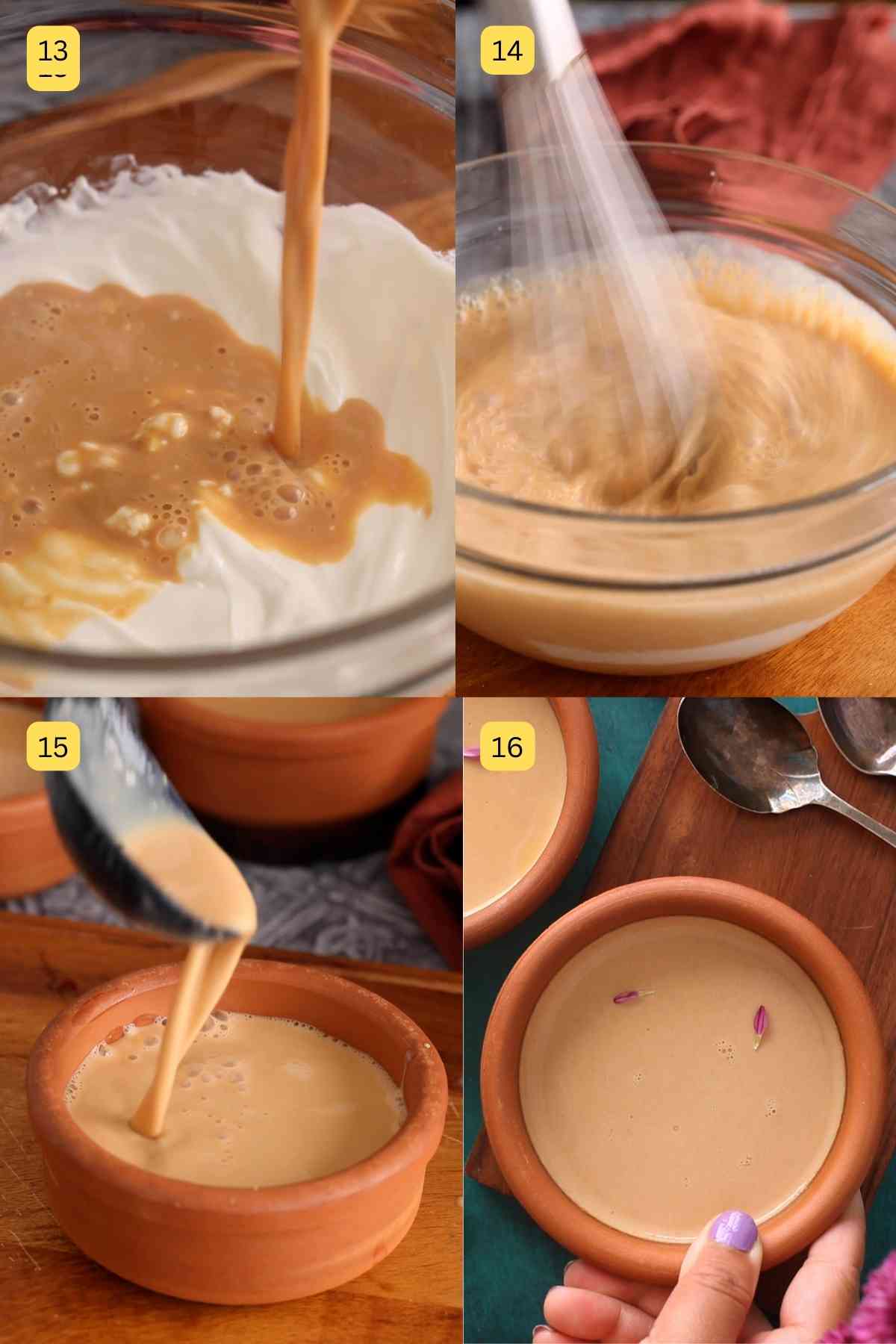 Step photos showing mixing yogurt and mule mixture and set mishti doi.