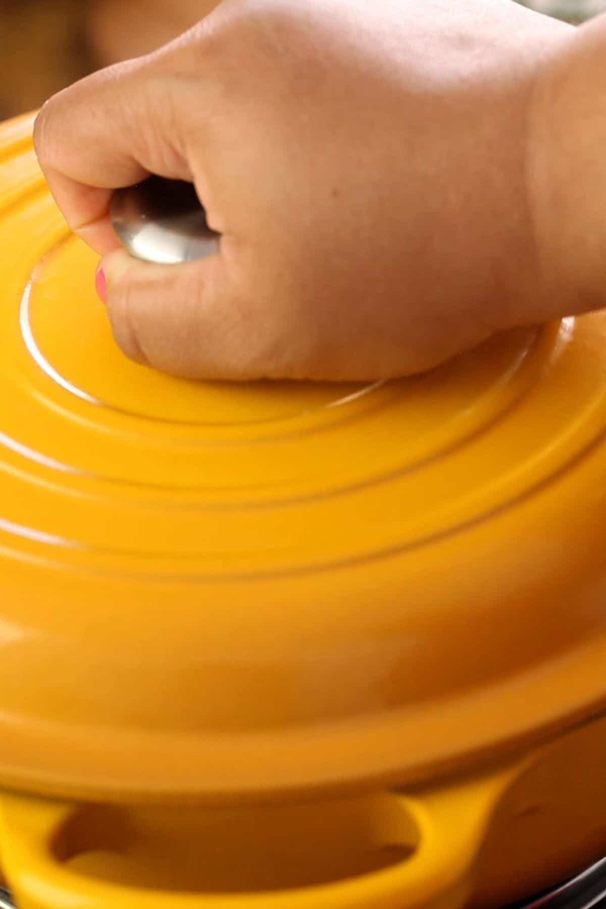 The cooking pot is covred and left to slow cook until chicken is ciiked through.