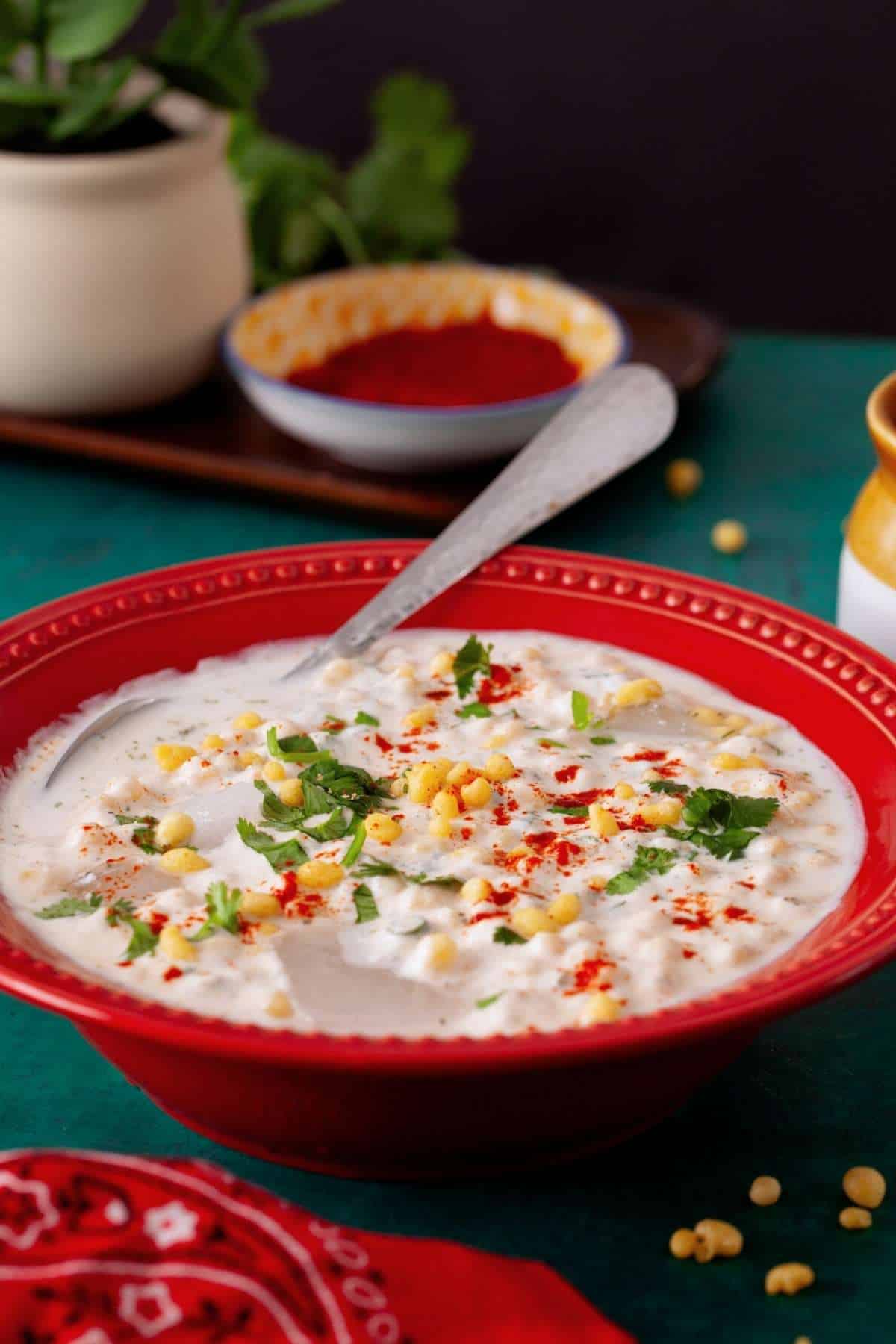Side view of boondi raita served in a red dish placed on a green background. 