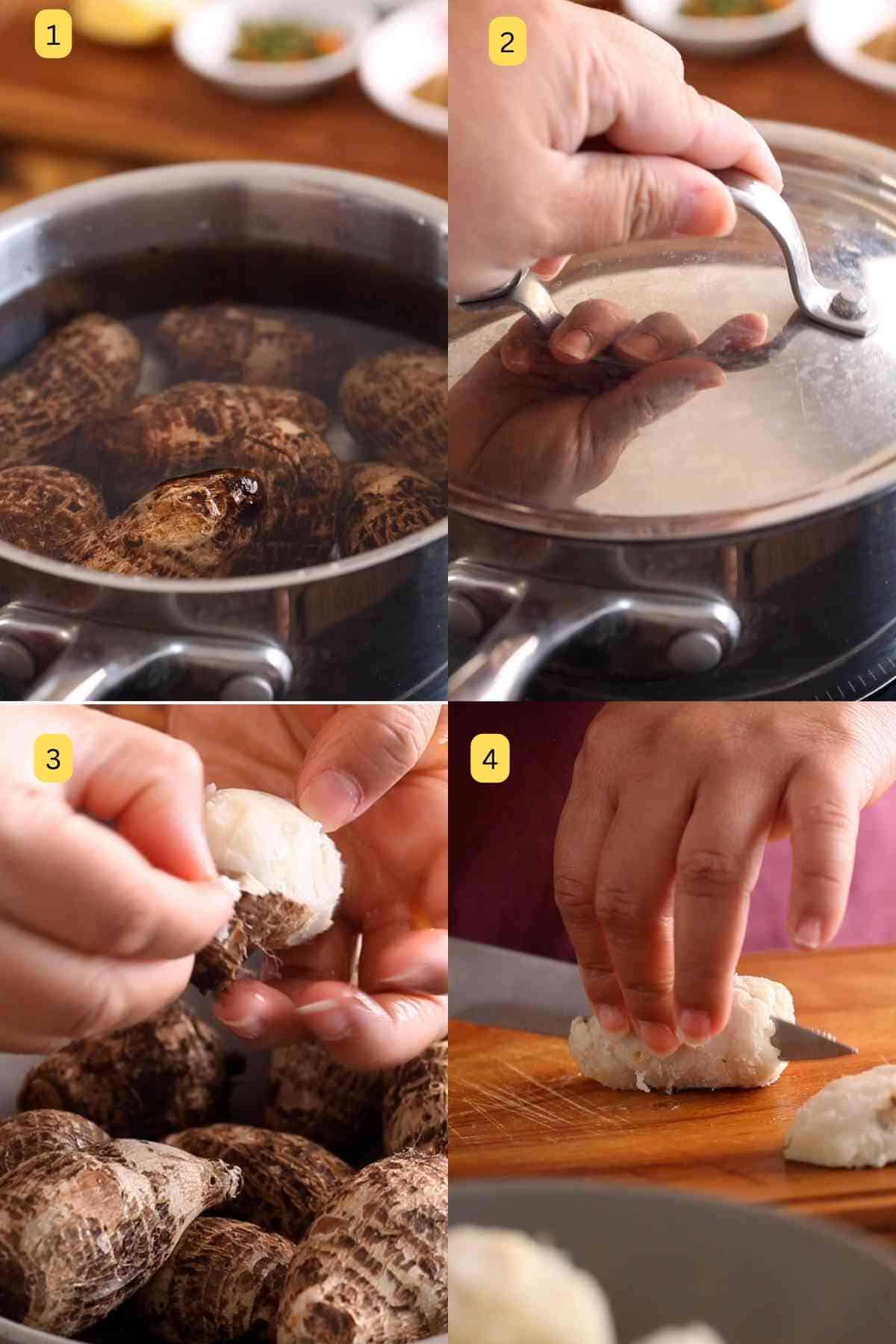 Pictures showing how to boil, pell and cut taro root.