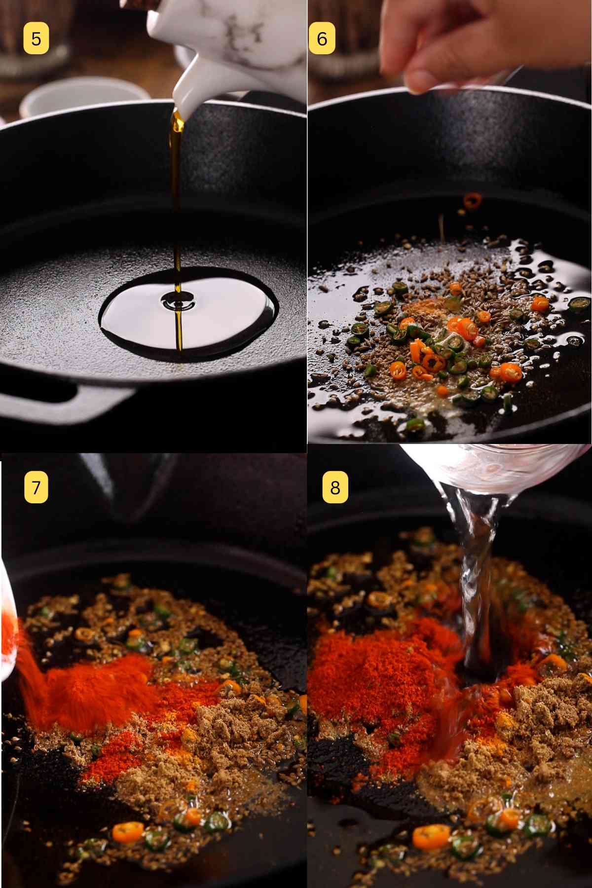 Tempering oil with colorful indian spices in a cast iron skillet.