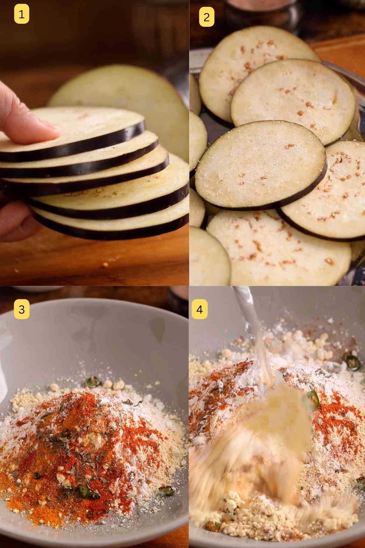 Sliced eggplant stack and making fritter batter. 