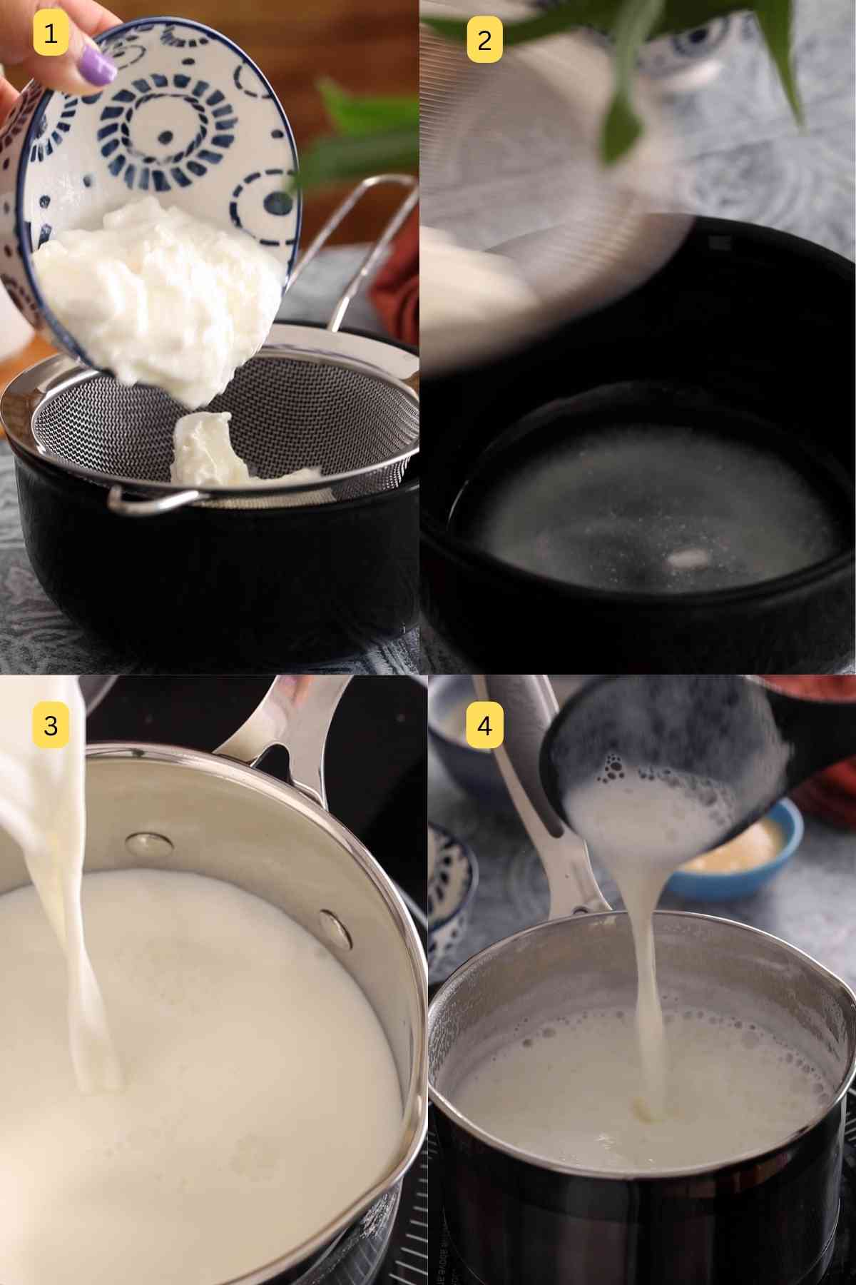 Step photos showing how to reduce milk and strain yogurt.