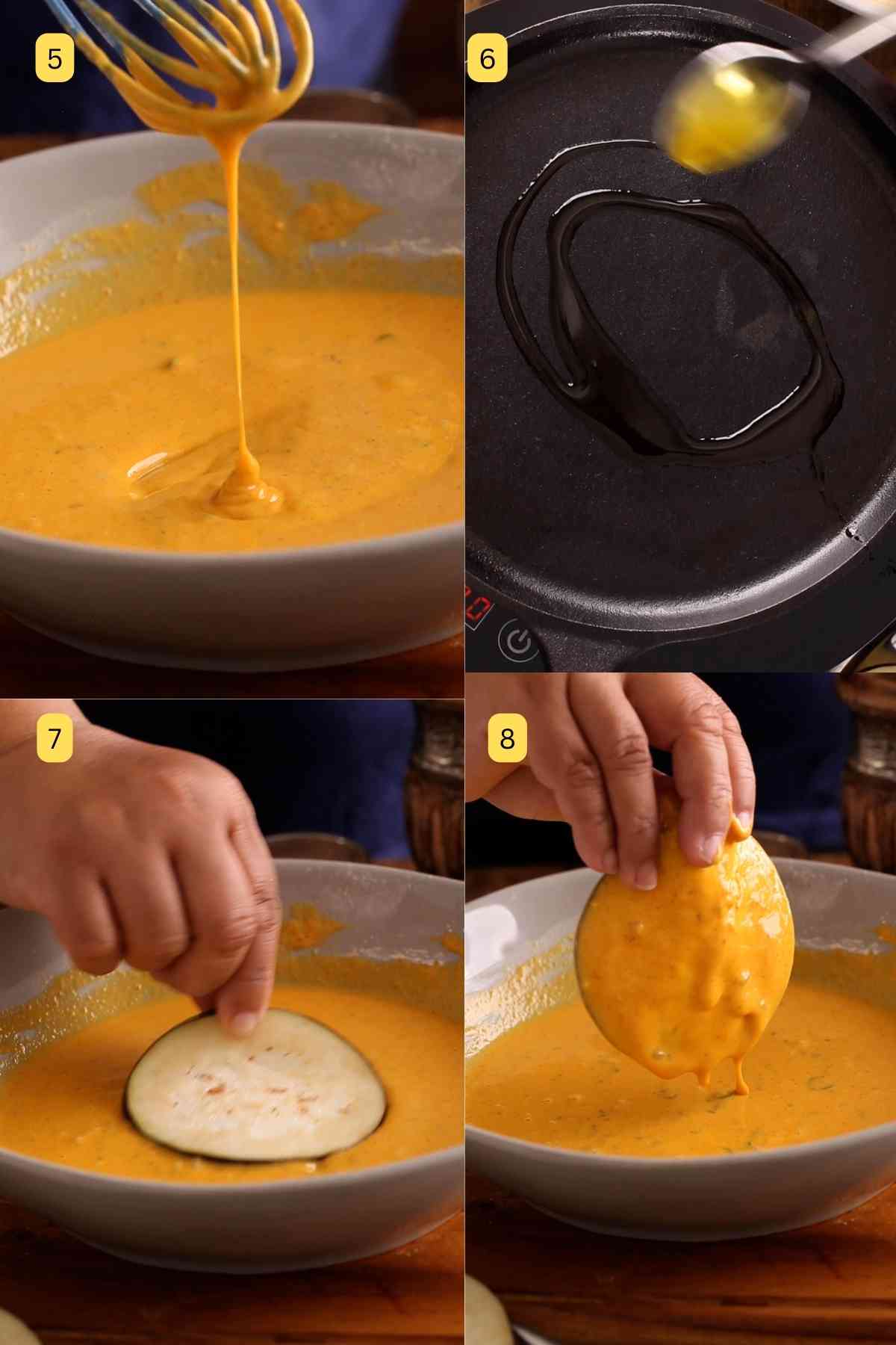 Dunking sliced eggplant in the pakora batter.