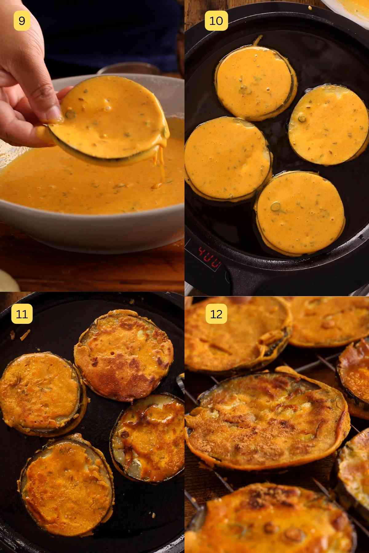 Pan frying gram flour coated eggplant slices in oil on a cast iron tawa.