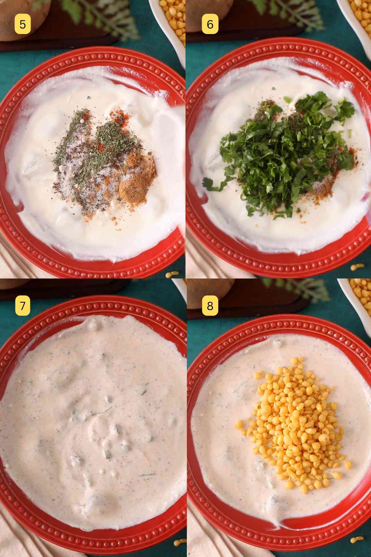 Adding fresh herbs and boondi to yogurt.