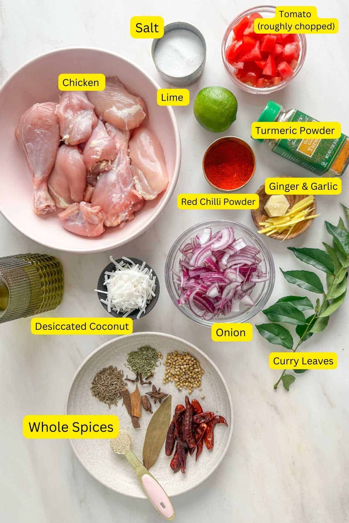 Ingredients for chettinad chicken masala.