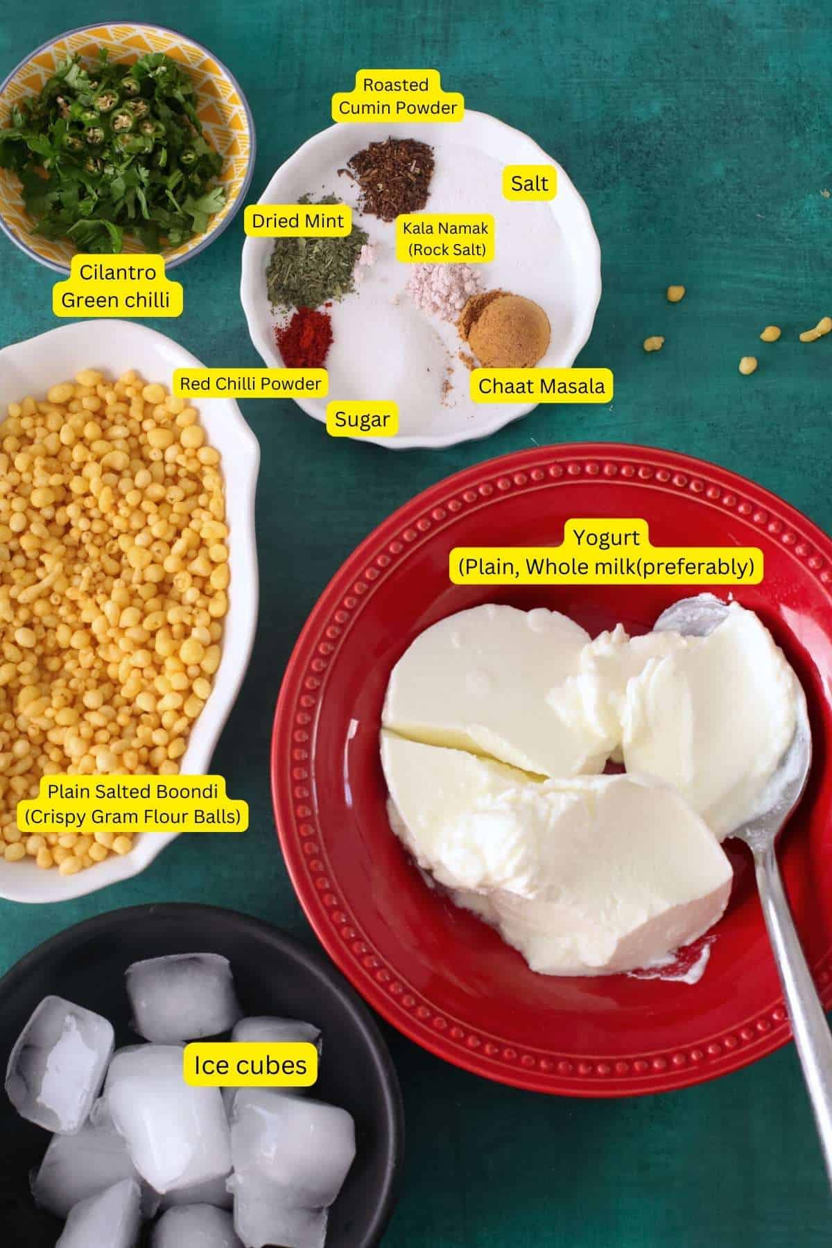 Ingredients needed to make raita with boondi.