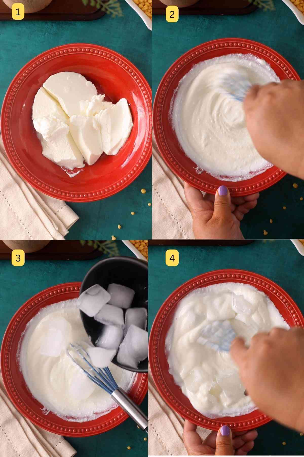 Step photos showing how to whisk yogurt with ice cubes.