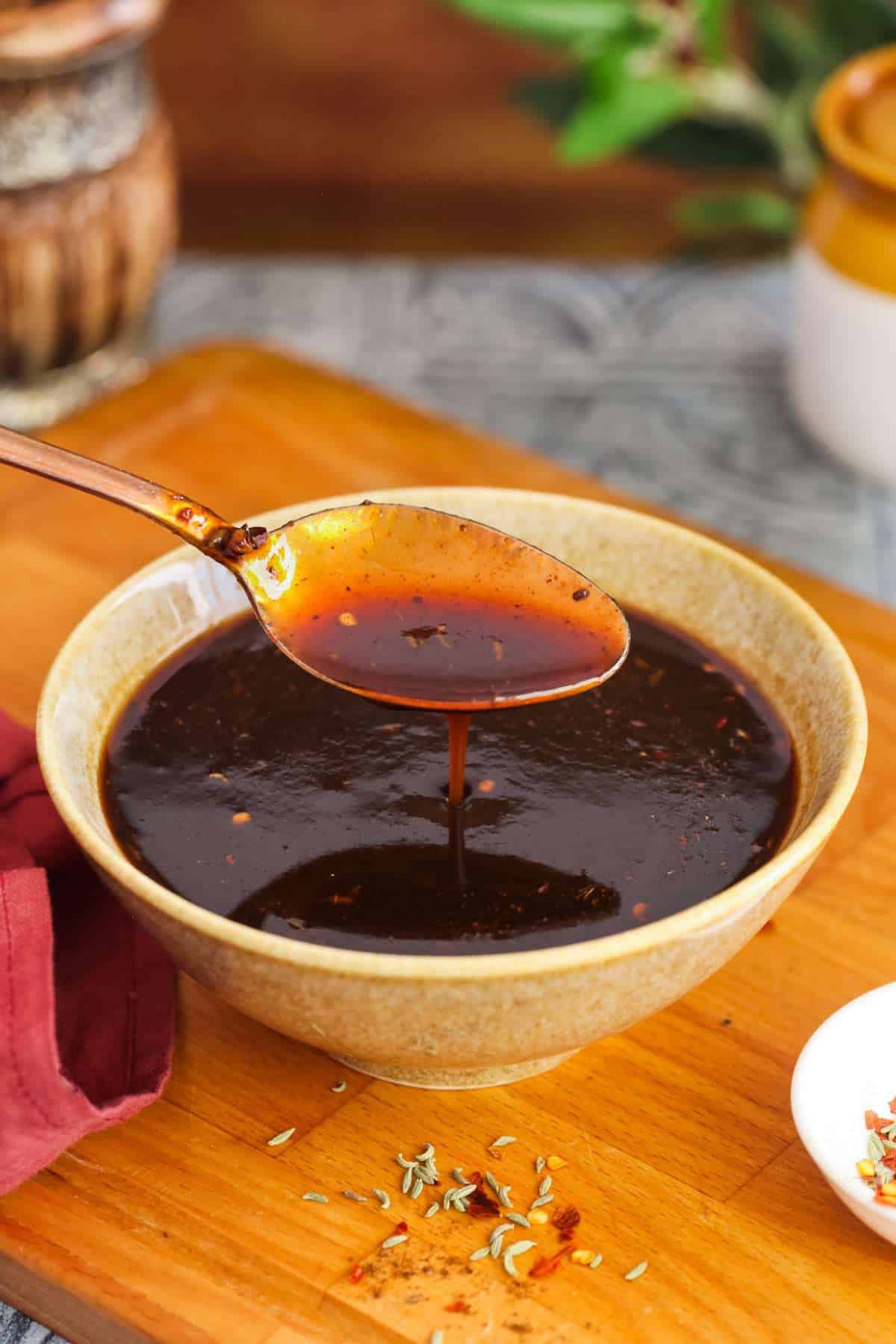 Tamarind Chutney in a beige bowl. 