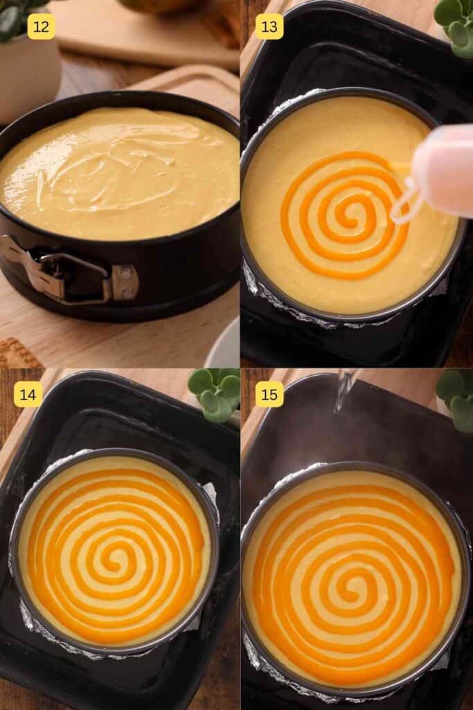 Decorating and Placing mango cheesecake in a water bath to bake.