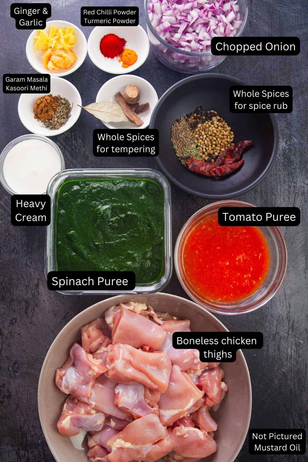 Ingredients for making palak chicken curry.