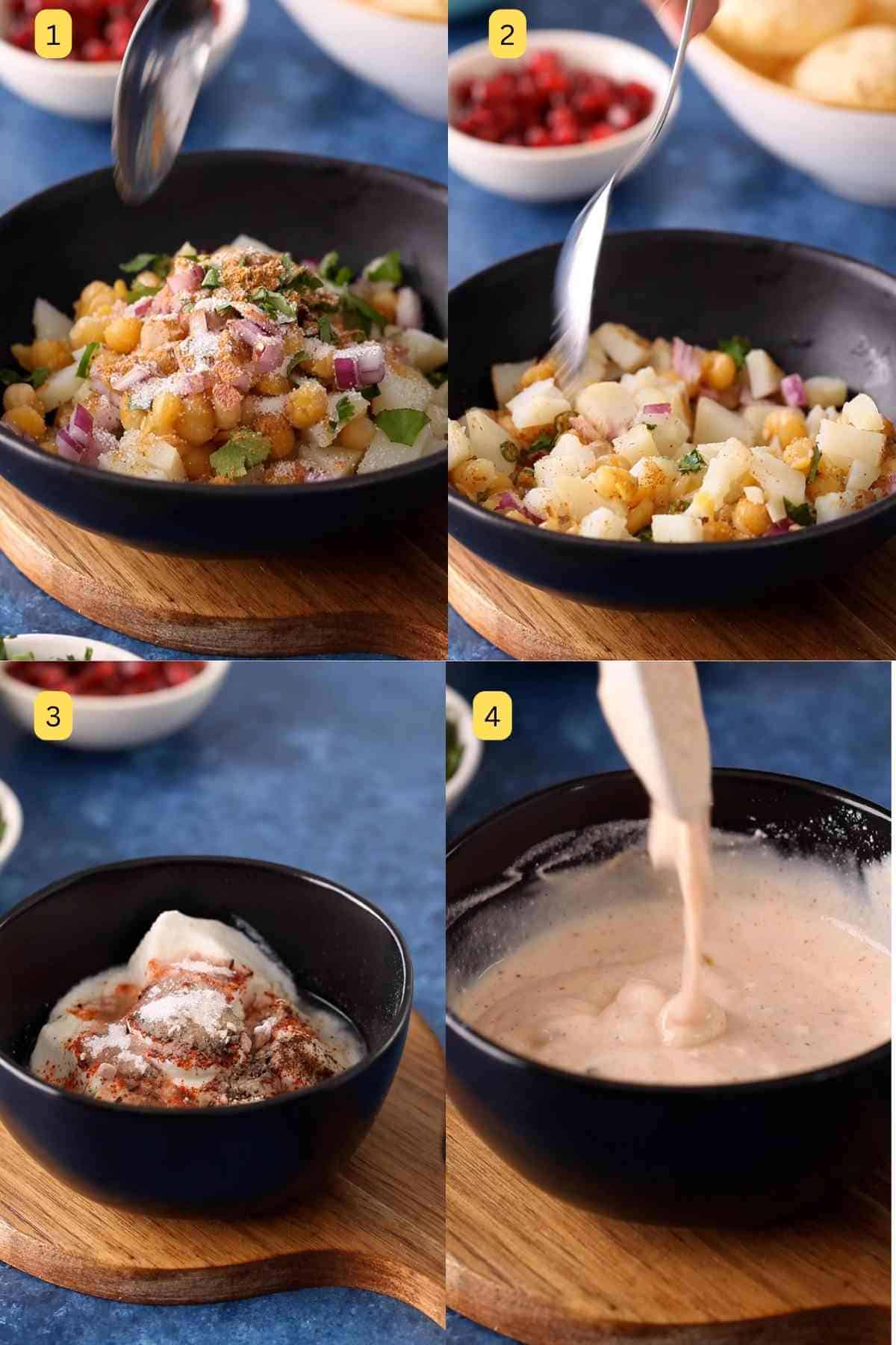 Prepping yogurt and potato mixture for making chaat.