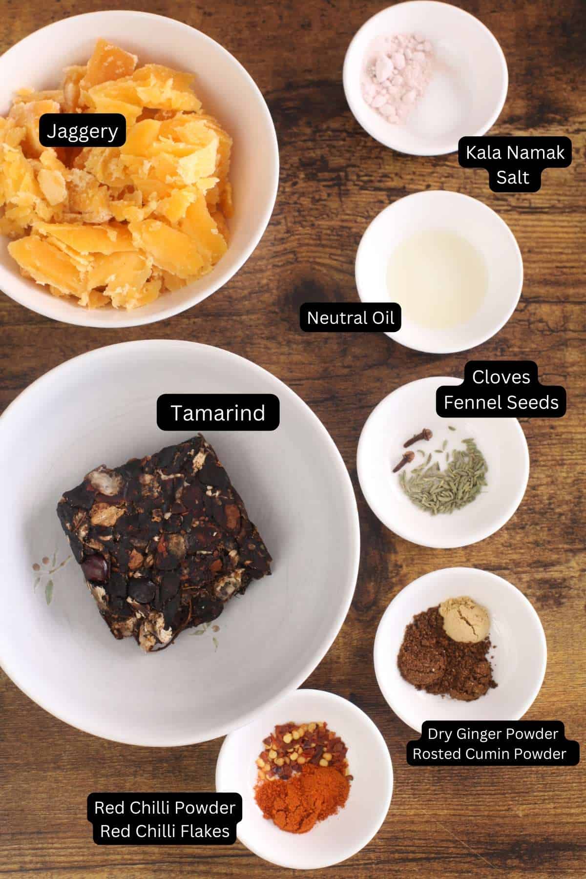 Ingredients to make tamarind chutney. 