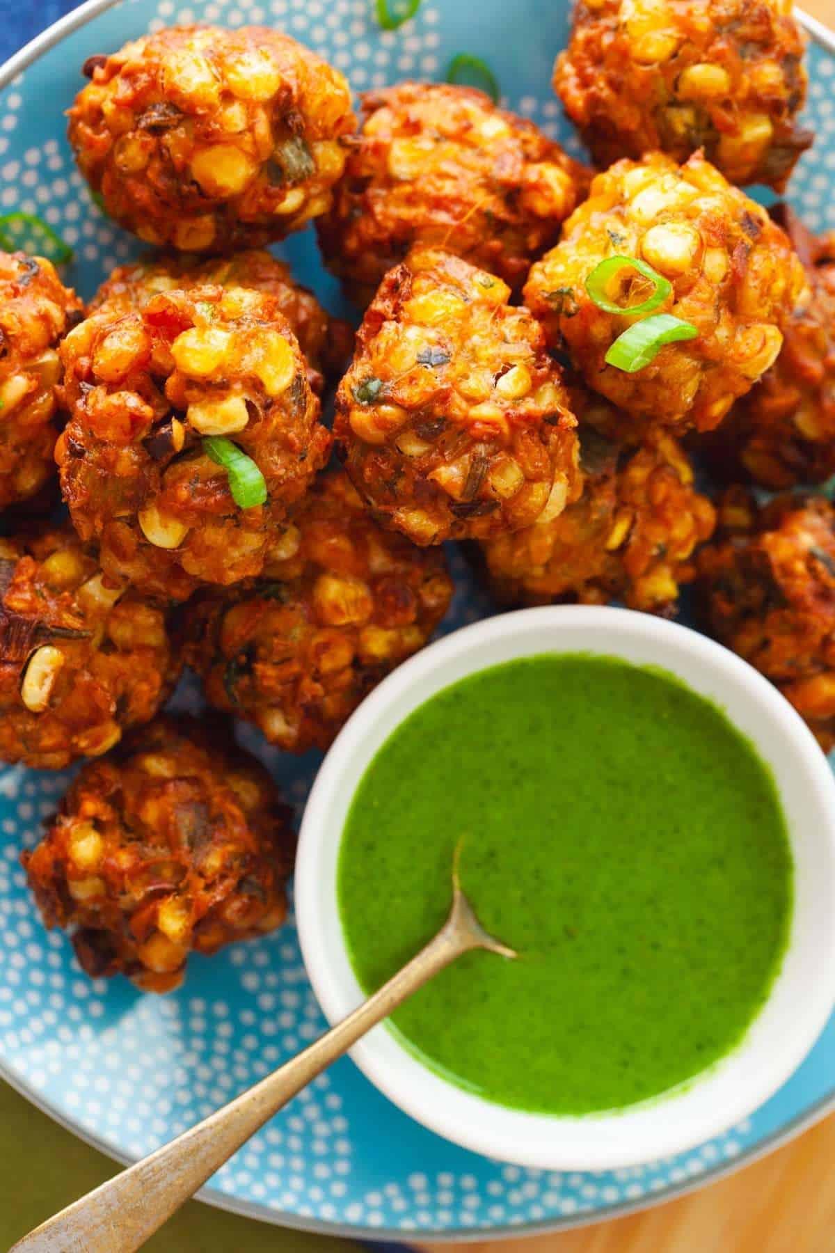 Close up shot of corn pakoras.