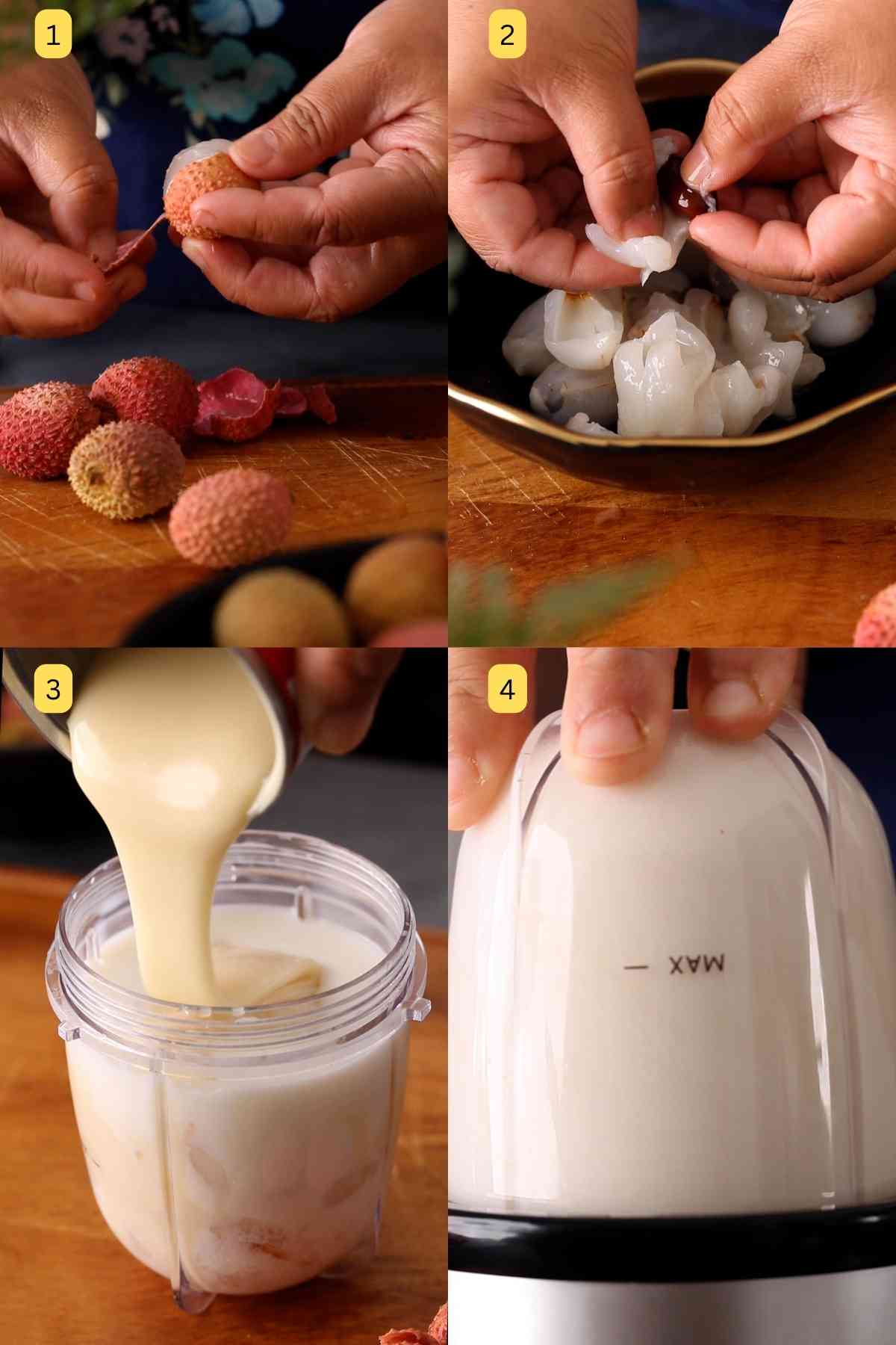 Step Photos showing homemade ice cream using lychee.