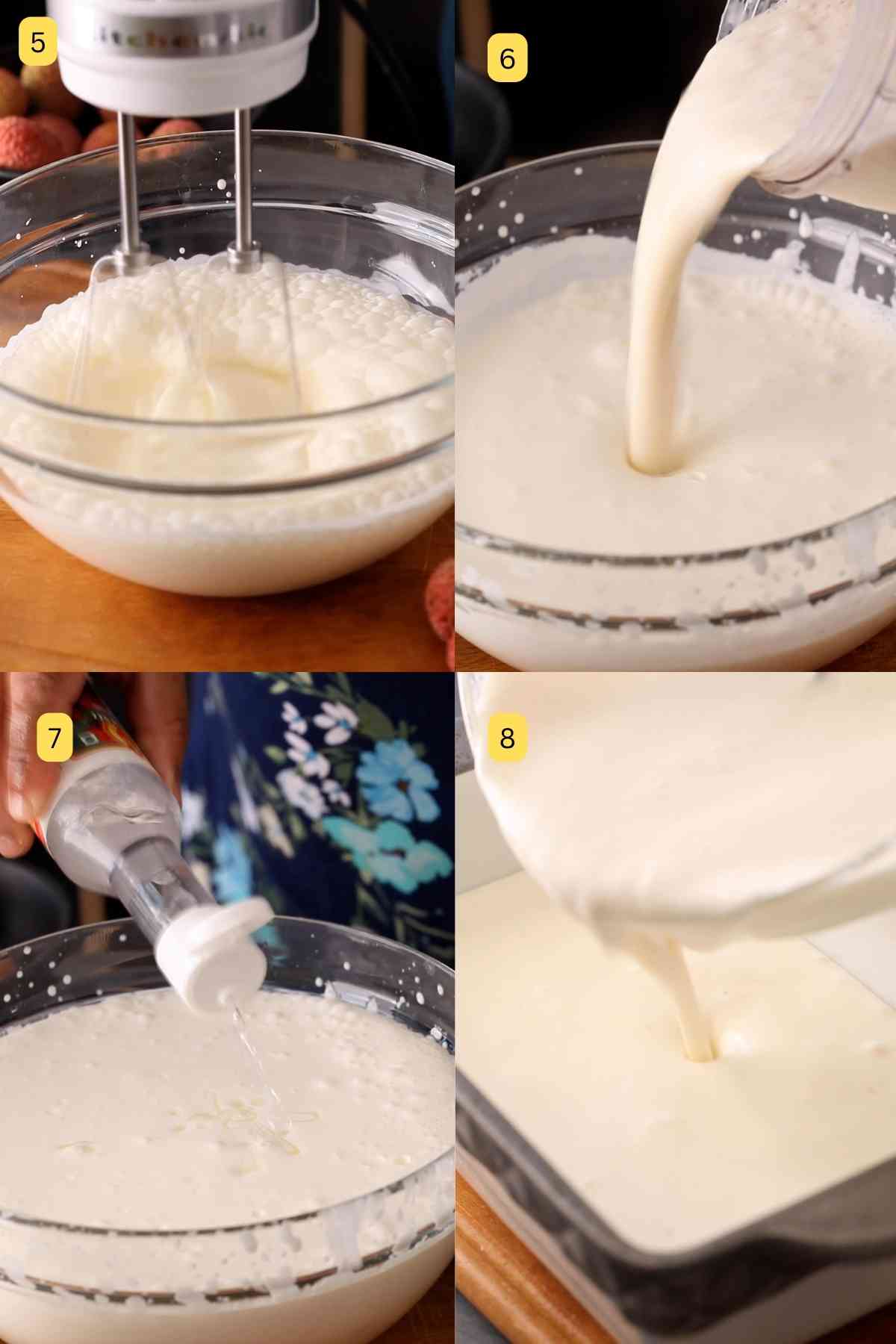 Whipping cream and mixing lychees.