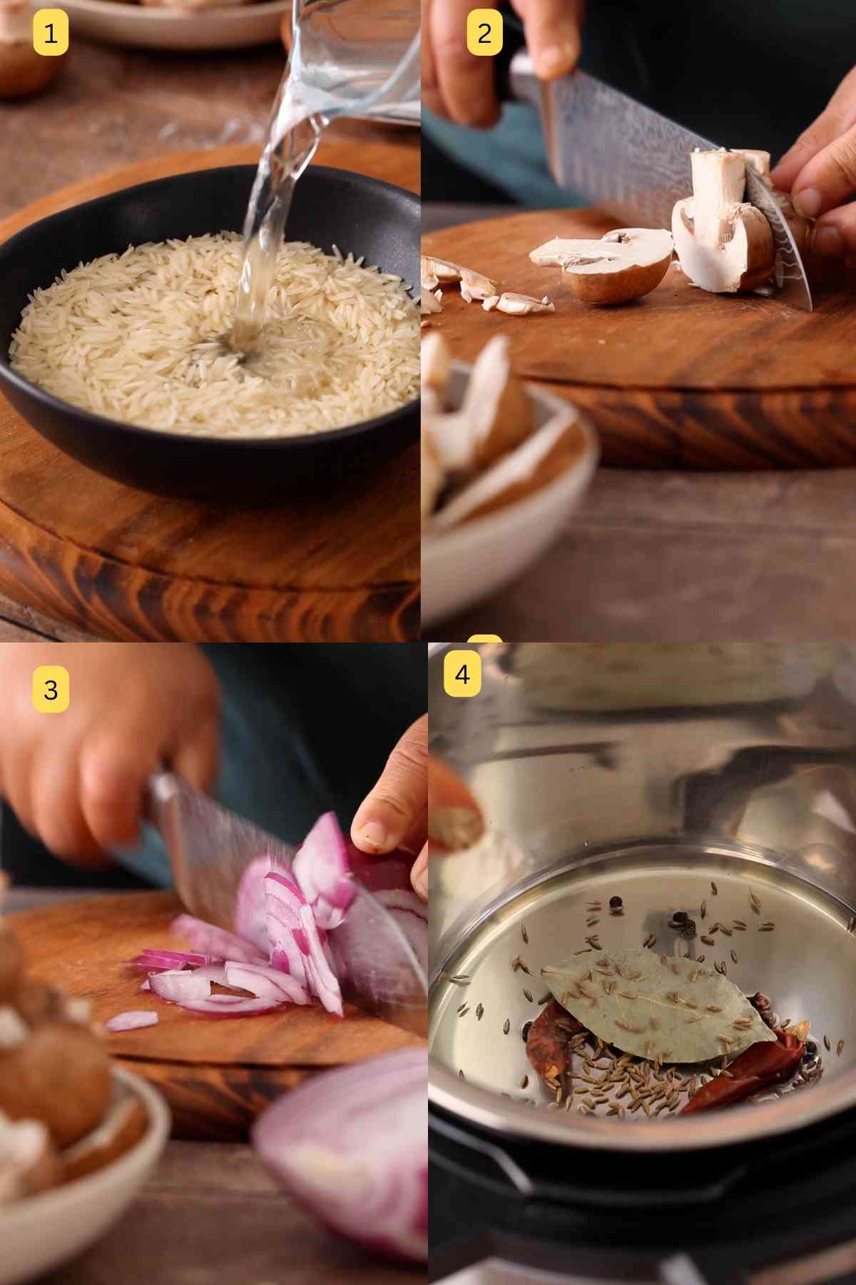 Soaking rice and slicing mushroom and onions.