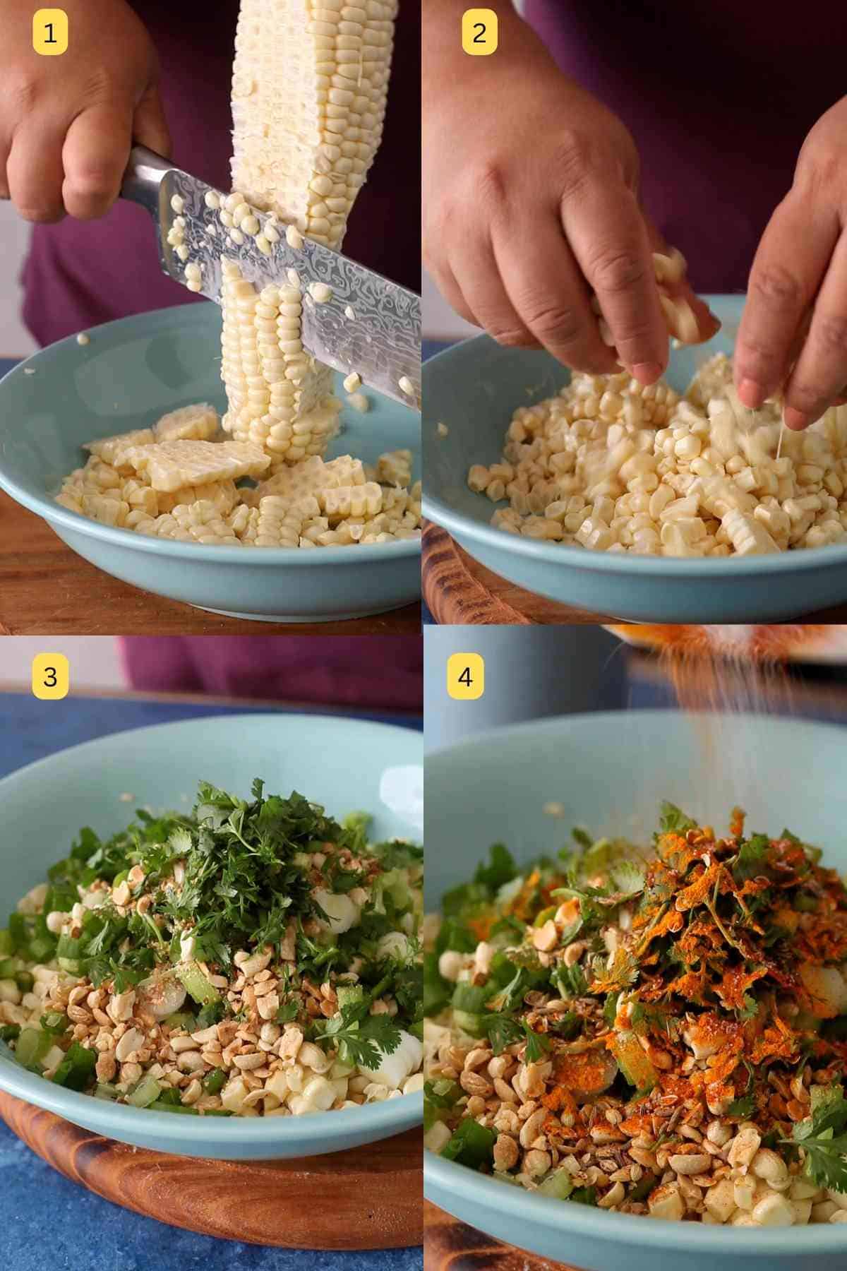 Shucking corn off the cob.