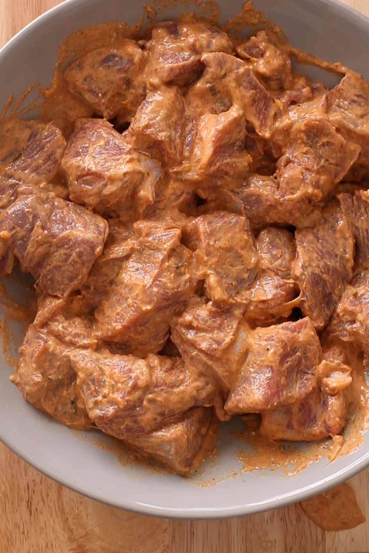 Boneless lamb marinated in a tandoori yogurt marinade. 