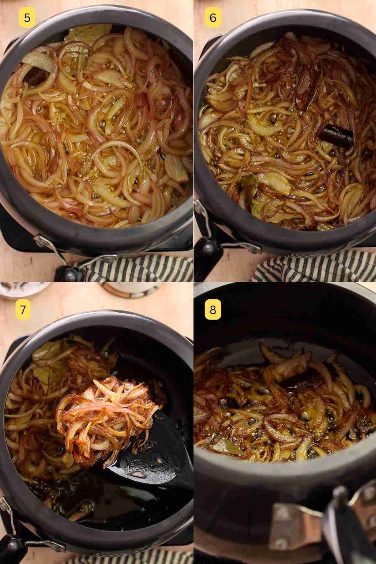 Different steps of how to brown onion for meat curry.