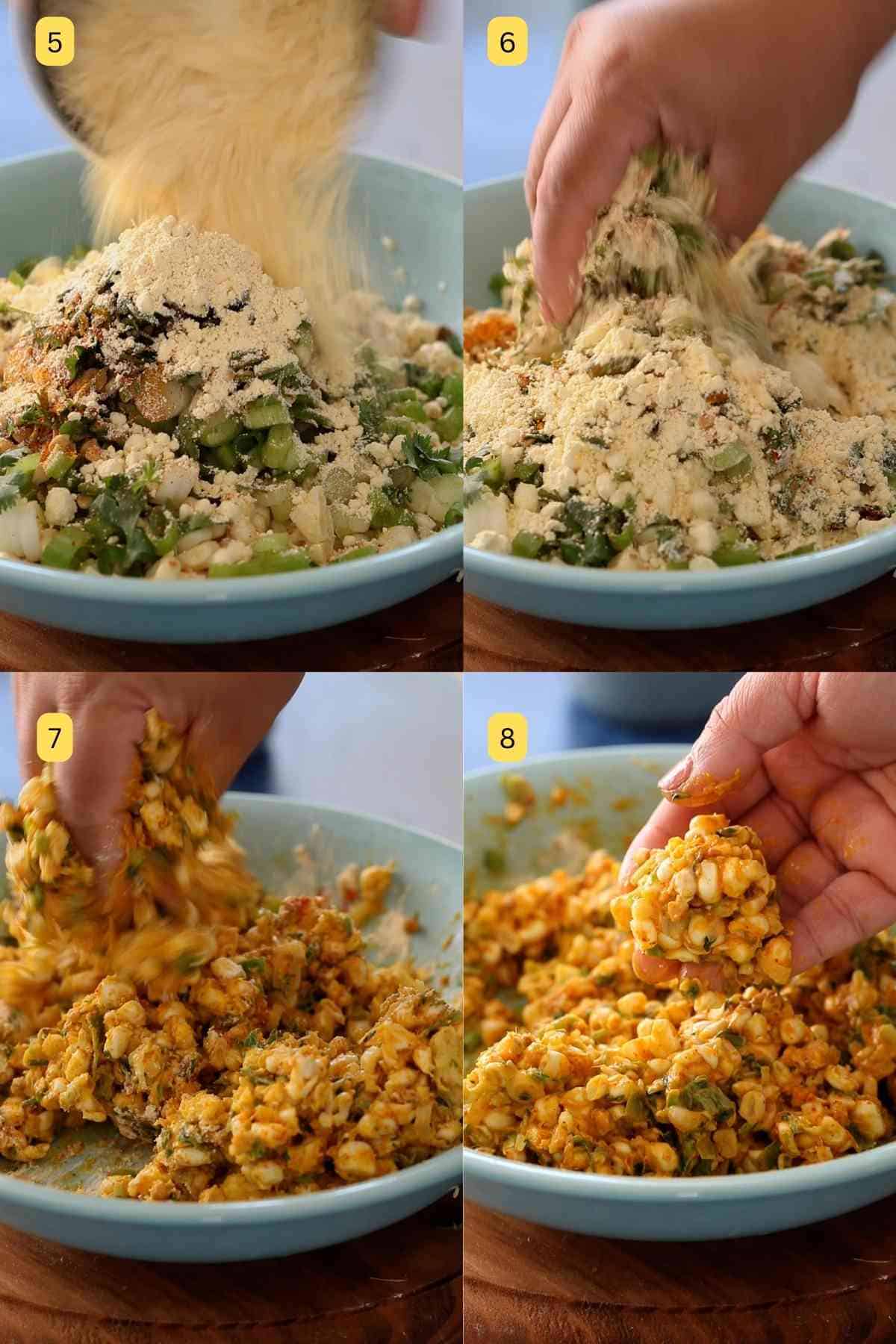 Making pakora batter in a blue dish.
