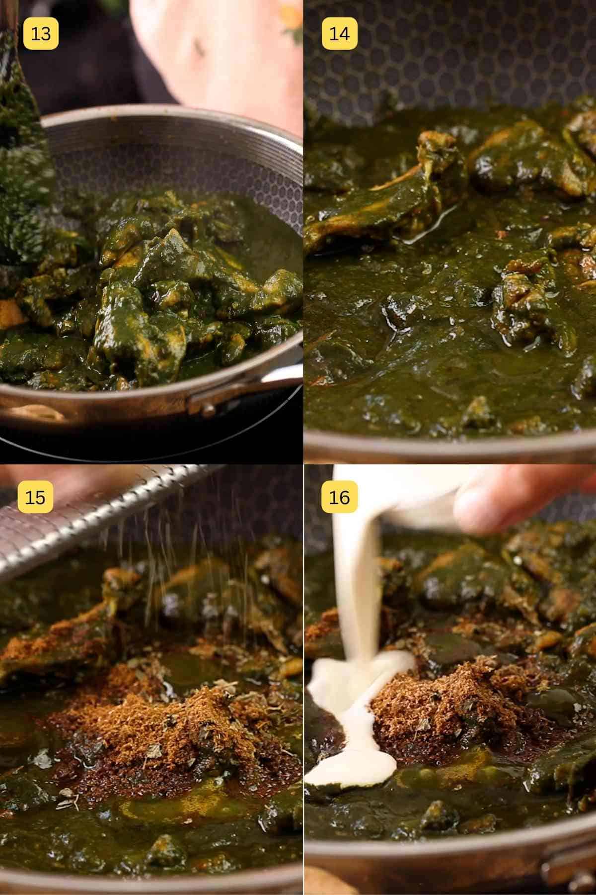 Step pictures showing frying spinach and chicken together.