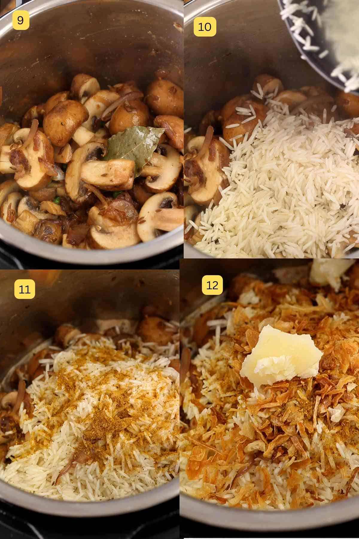 Adding basmati rice and spices to make mushroom pilaf.