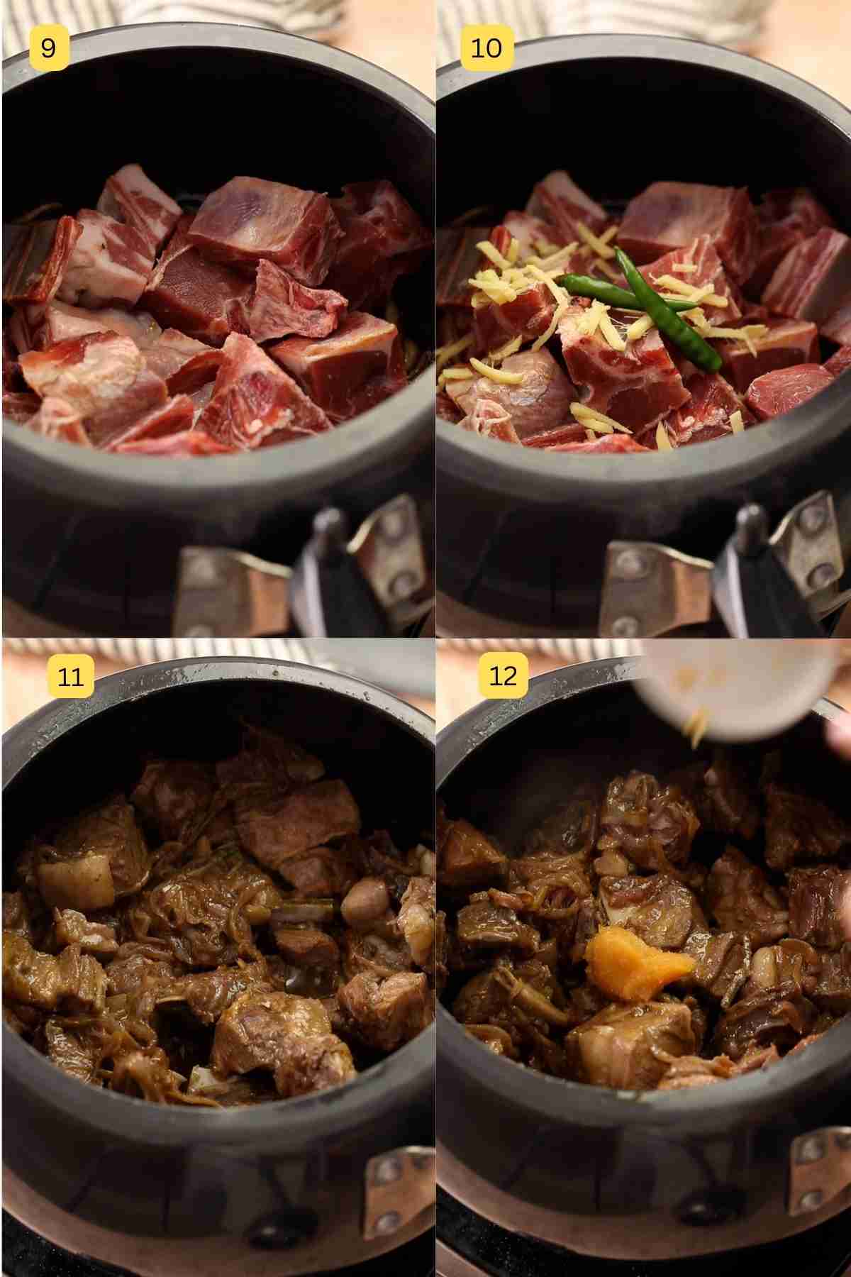 Frying goat meat with ginger and browned onions. 