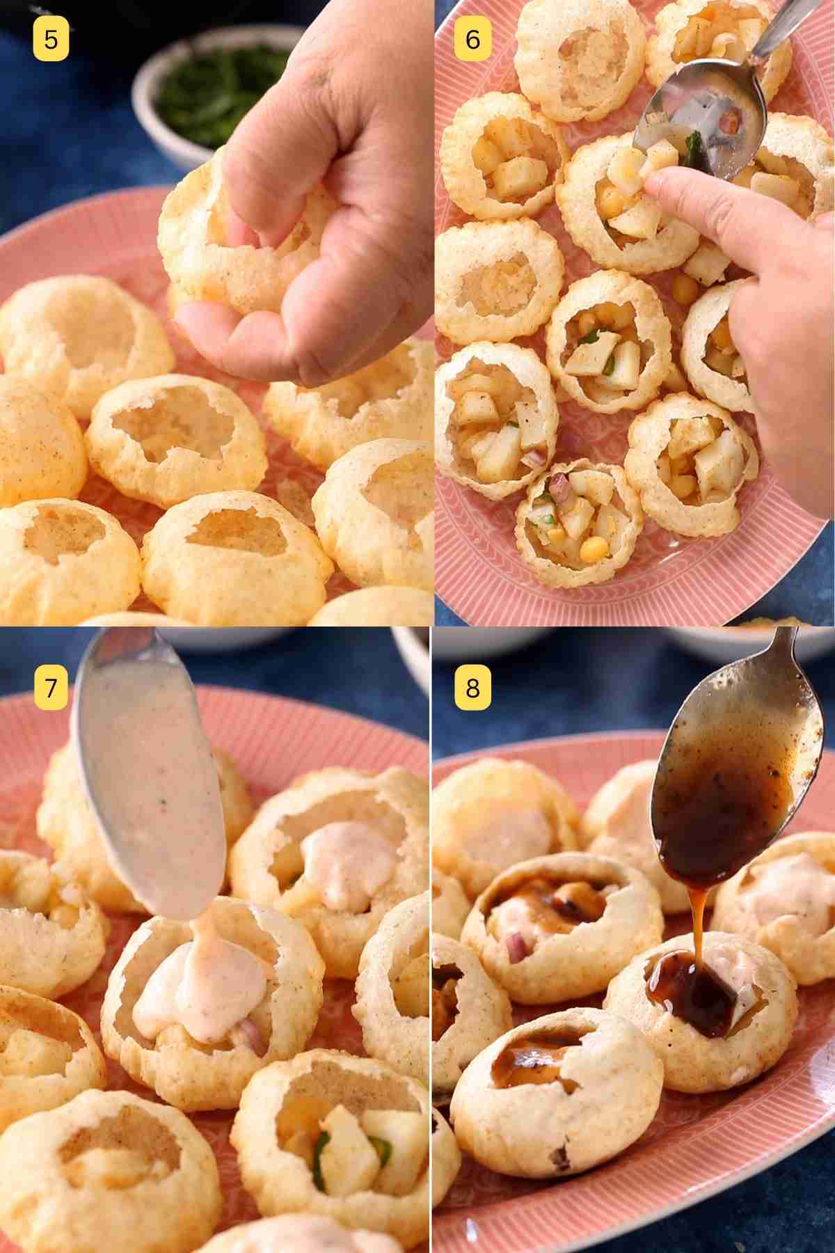 Stuffing golgappe with dahi and potatoes.