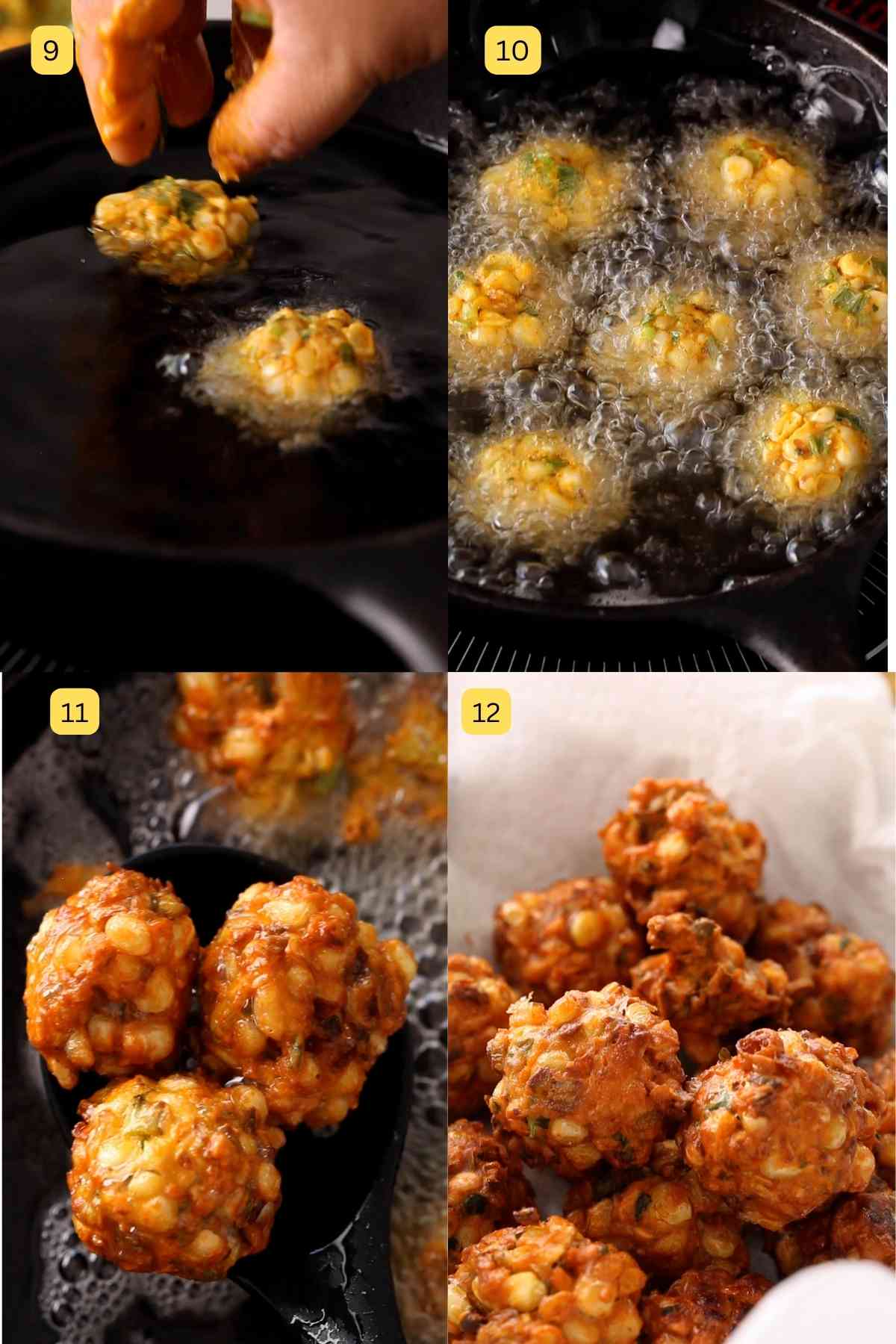 Deep frying corn fritters.