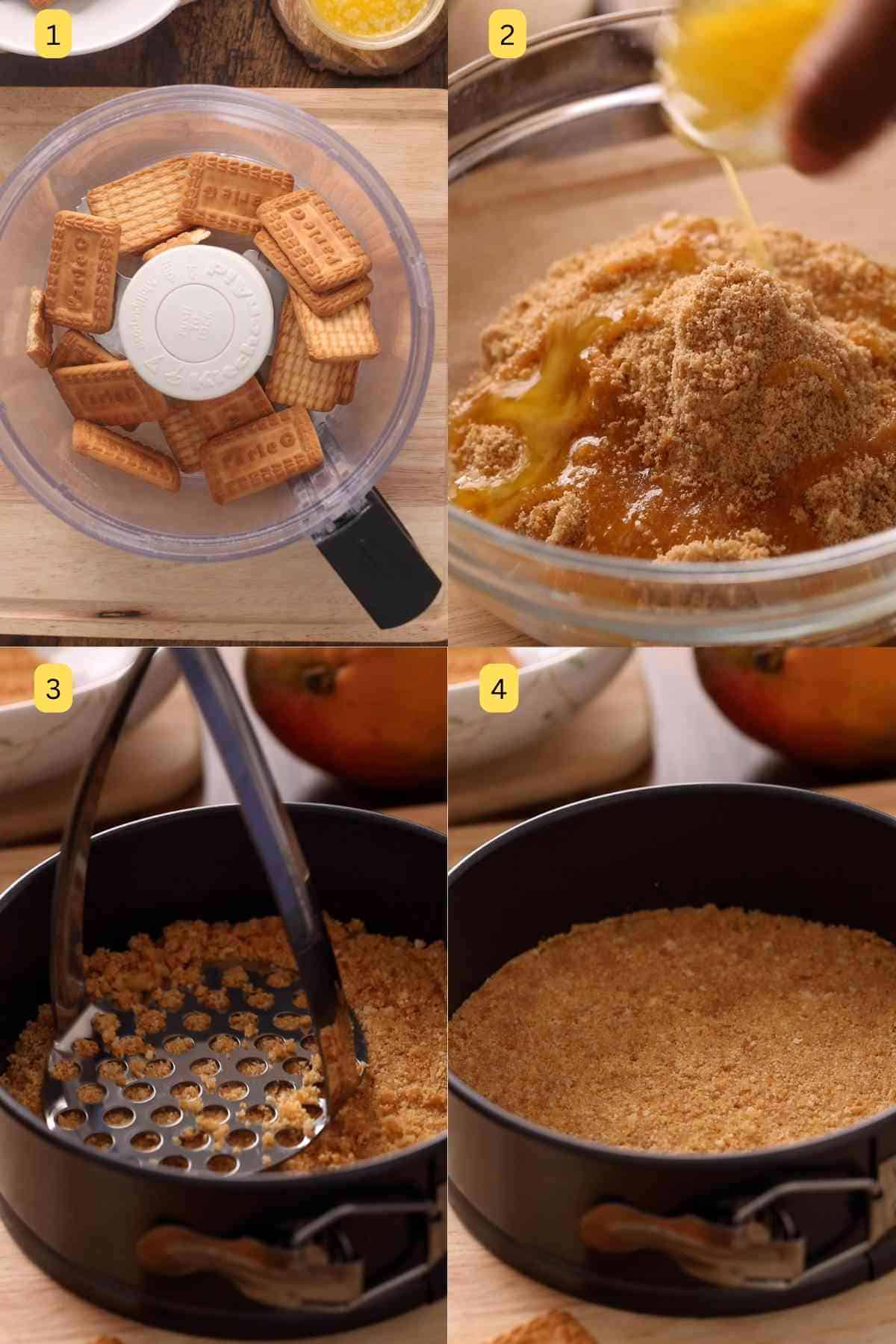 Step photos showing ho two make cookie crust for cheesecake. 