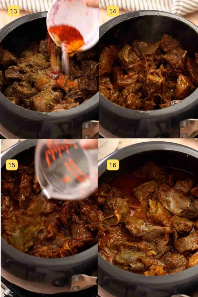 Adding spices and frying the meat.