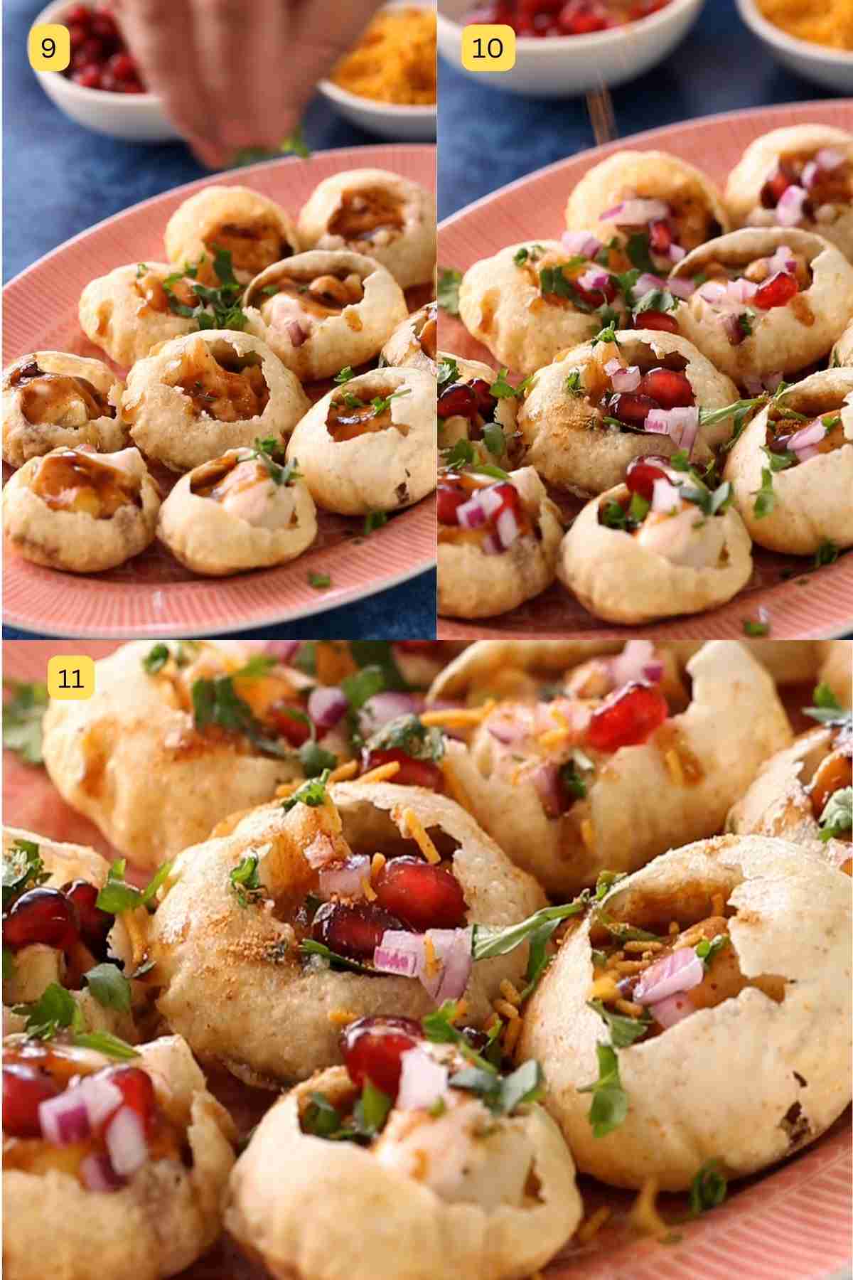 Assembling a platter of dahi poori chaat.