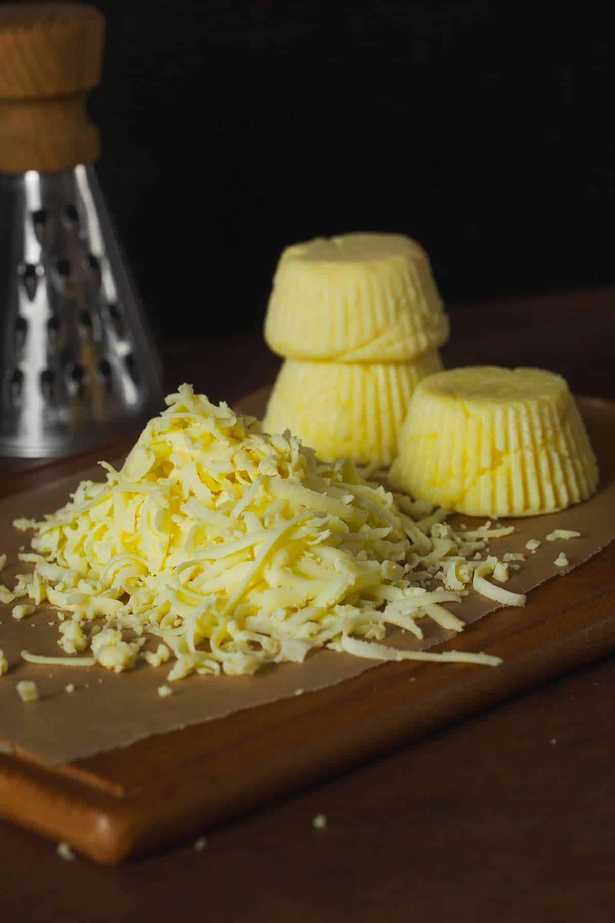 Instant Khoya grated on a wooden board.