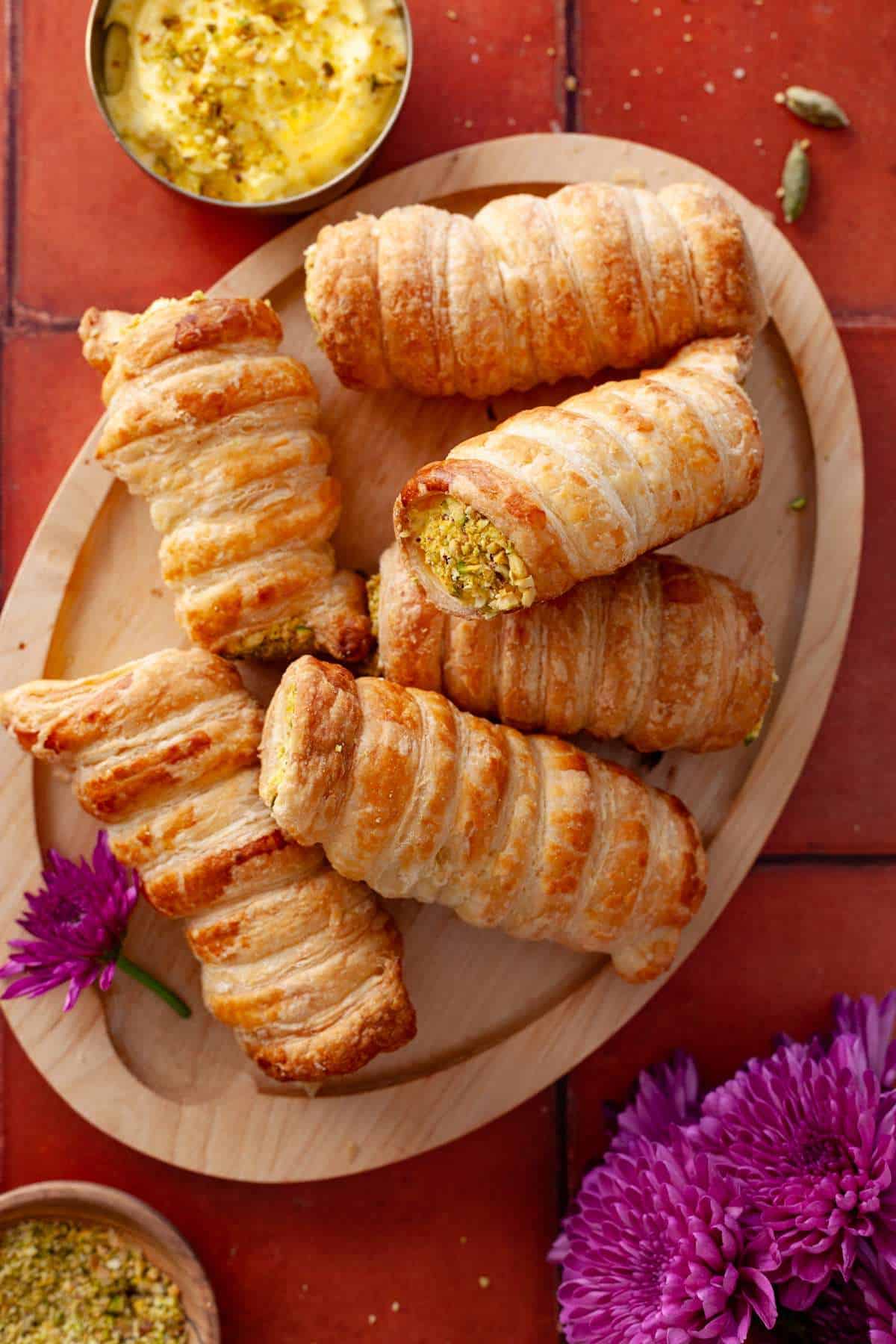 Top view of puff pastry shells filled with cream.