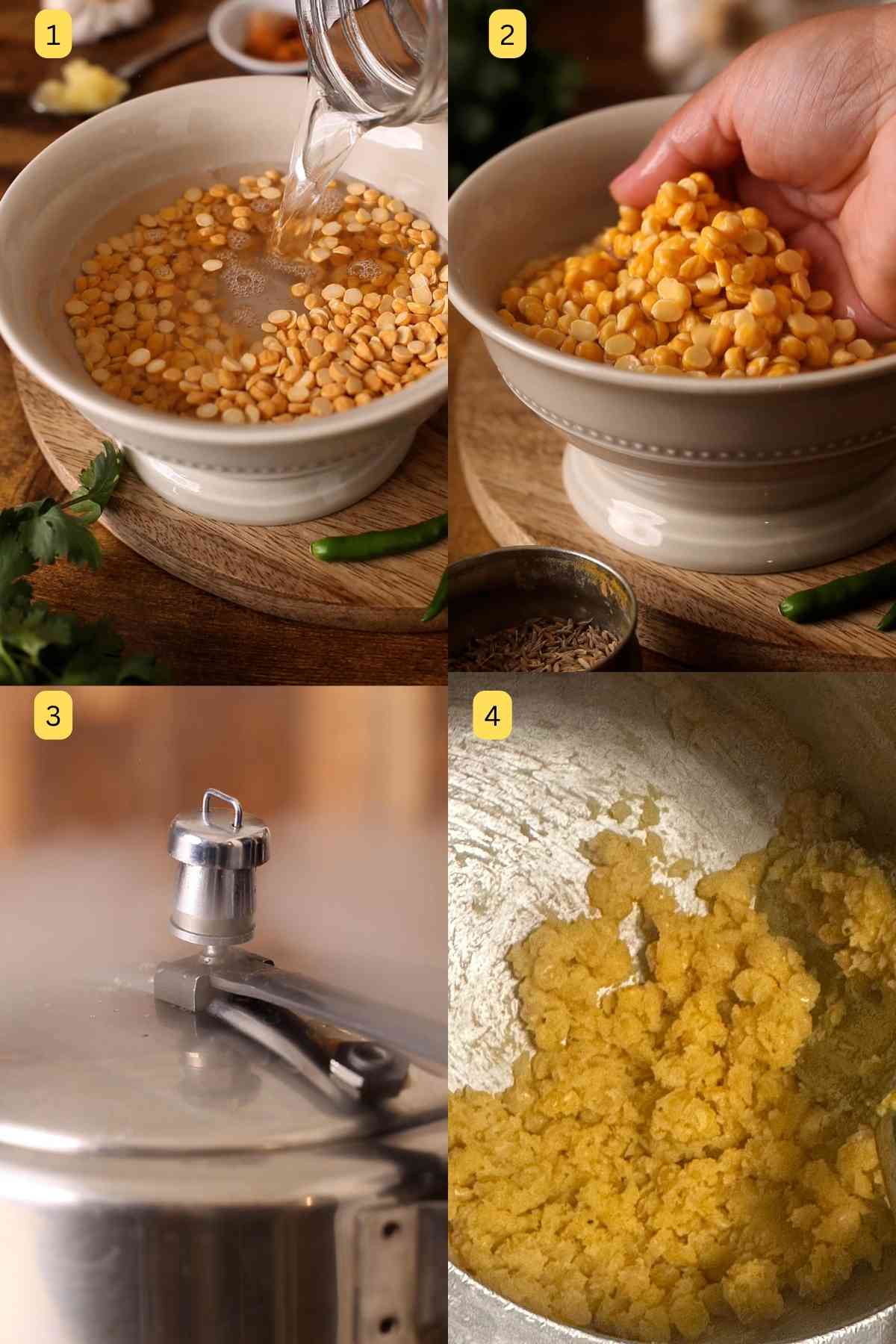 Soaking and pressure cooking Chana Dal.