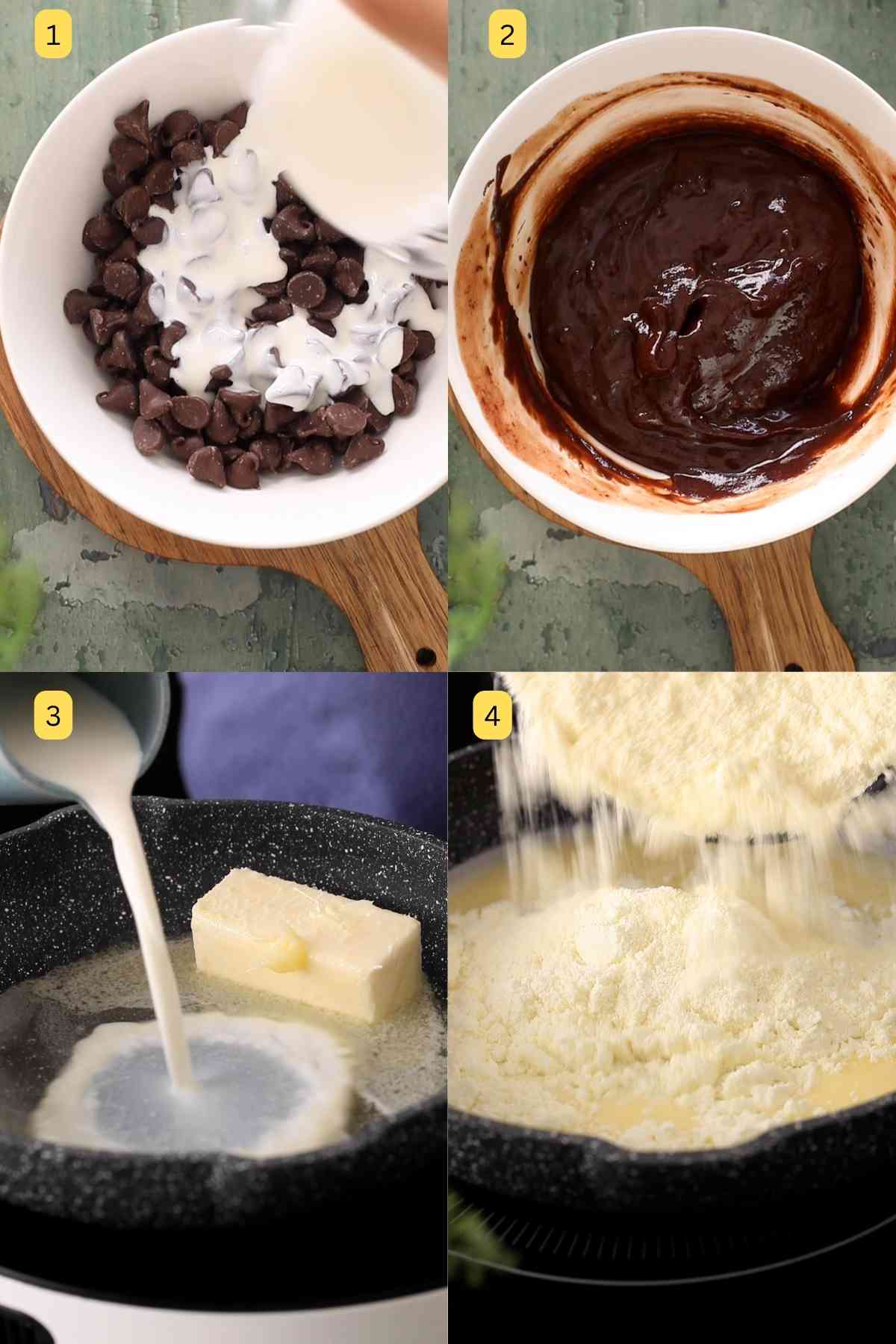 Melting Chocolate chips and butter with milk. 