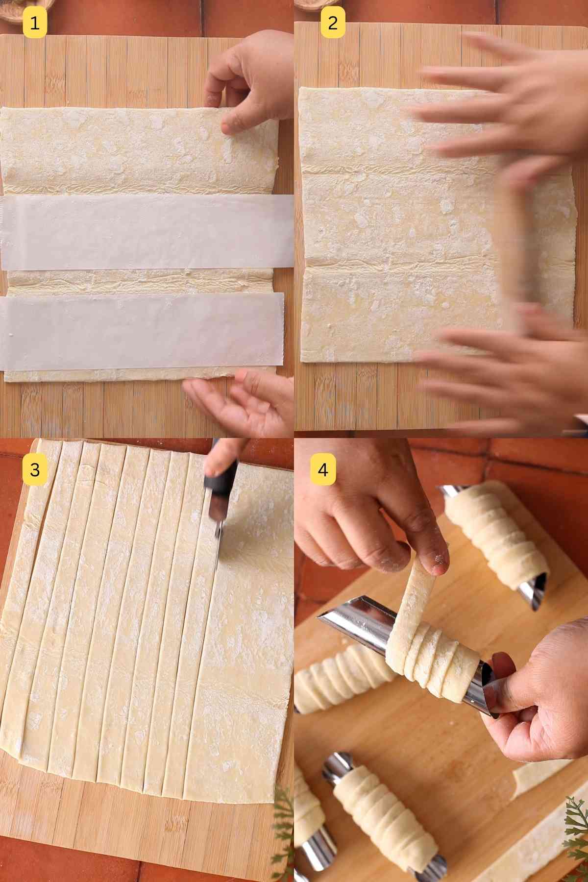 Rolling thawed puff pastry and cutting into thin strips. 
